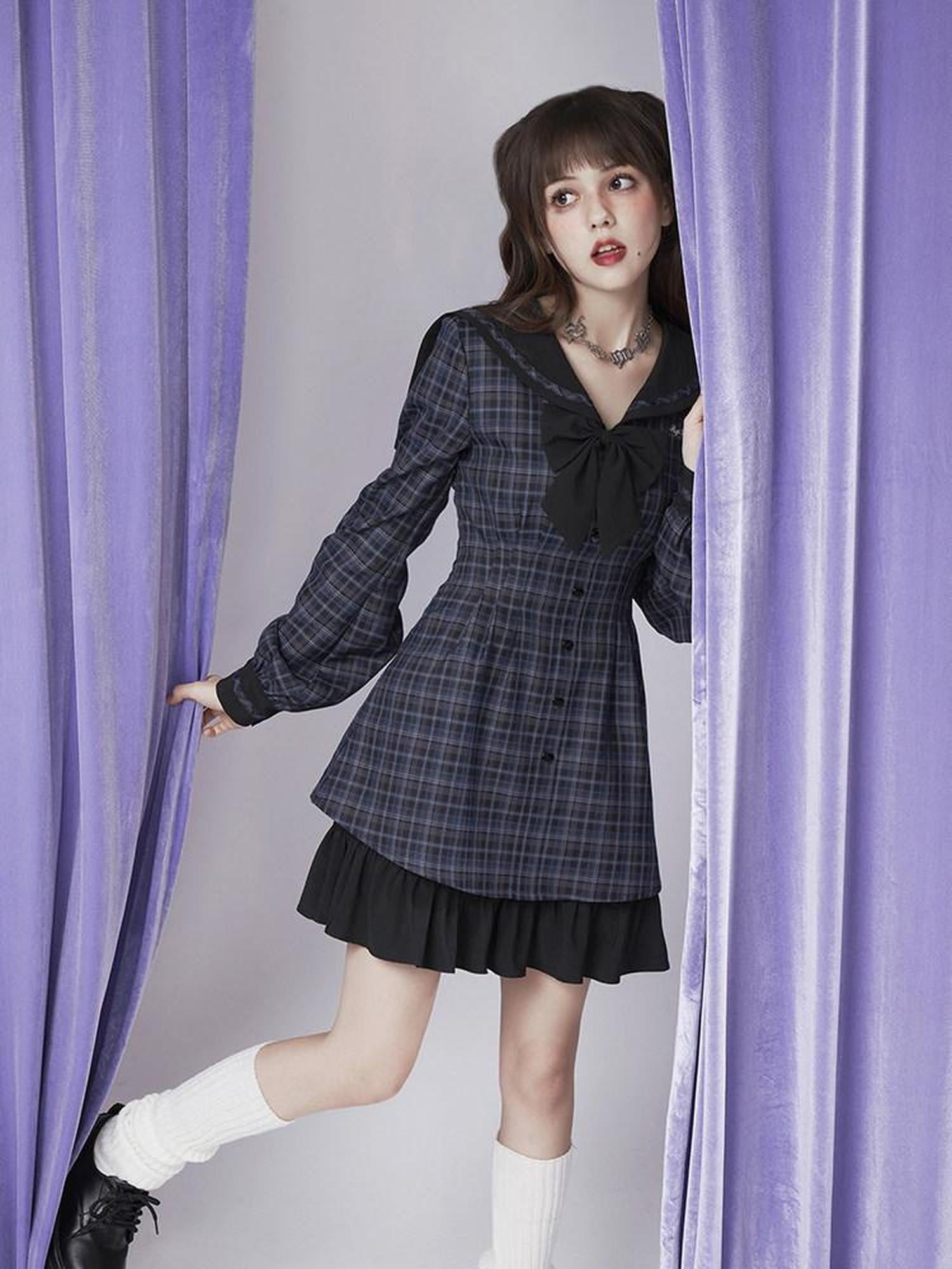 SagiDolls Navy Sailor Collar Plaid Lantern Sleeve Women's Tr Casual Mini Dresses