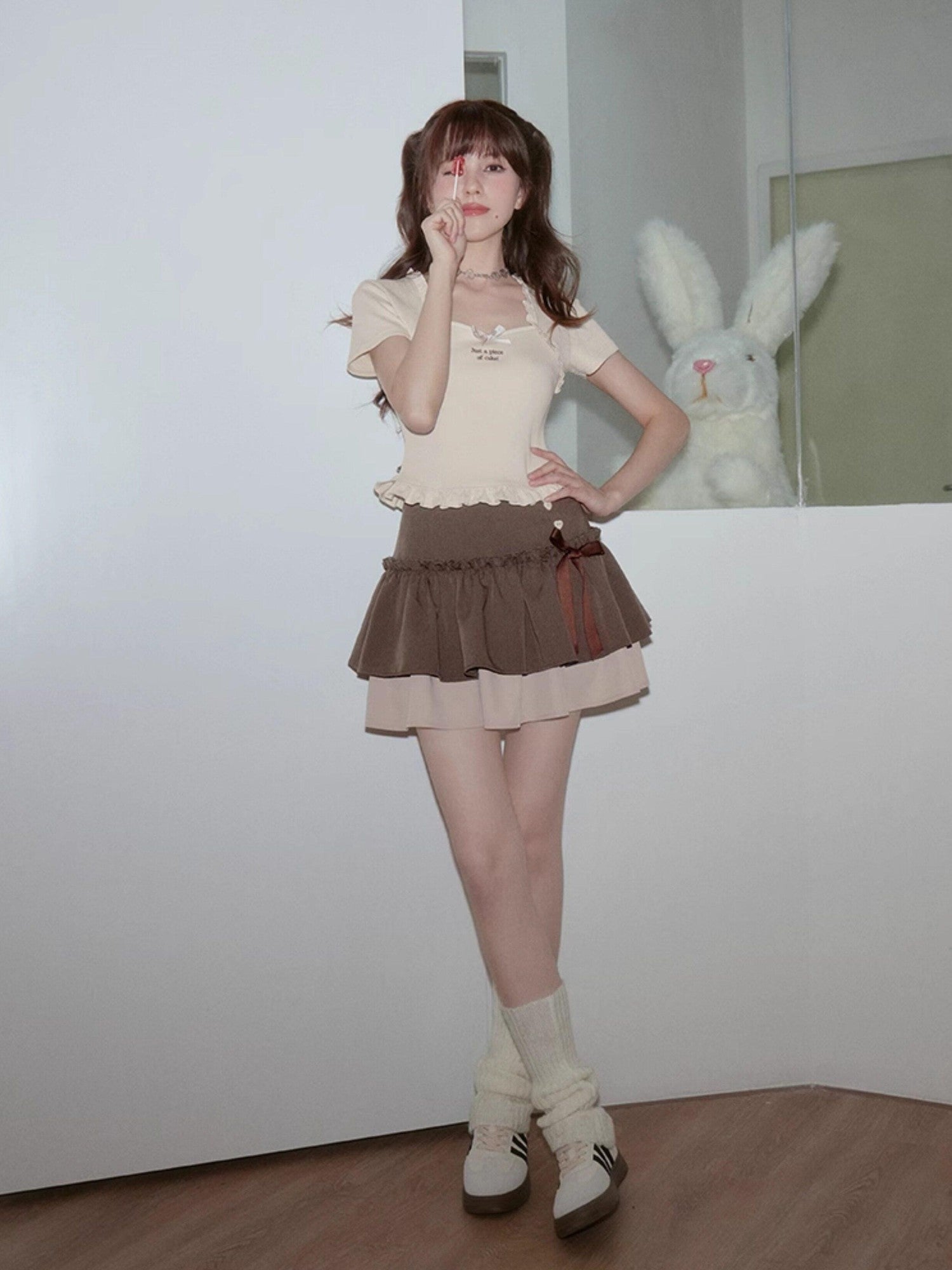 SagiDolls Oatmeal Square Neck Embroidered Bow Ruffle Women's Cotton Short Sleeve T-shirts