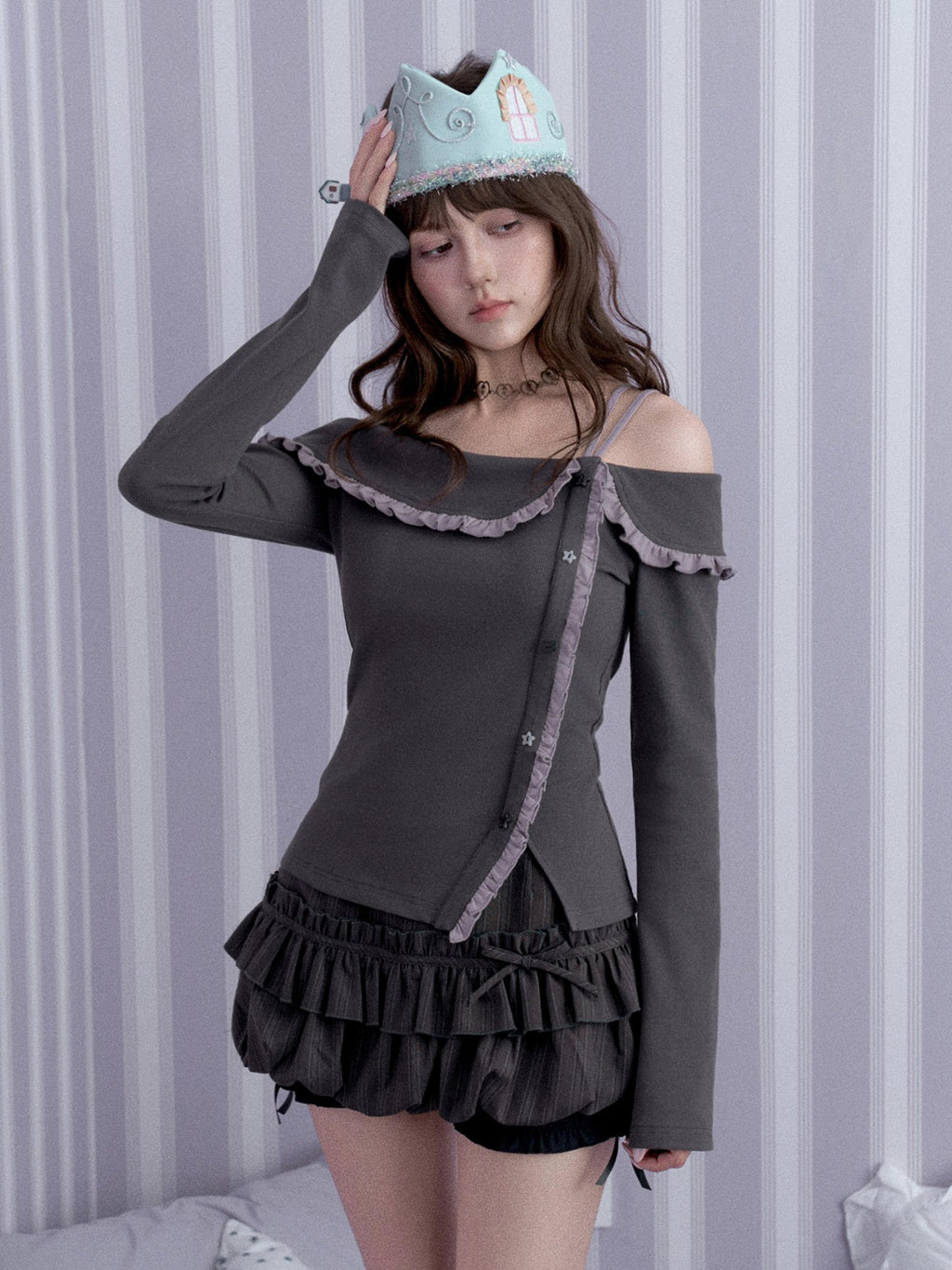 SagiDolls Off Shoulder Lace Trim High Waist Slim Fit Cotton Women's Long Sleeve T-shirts
