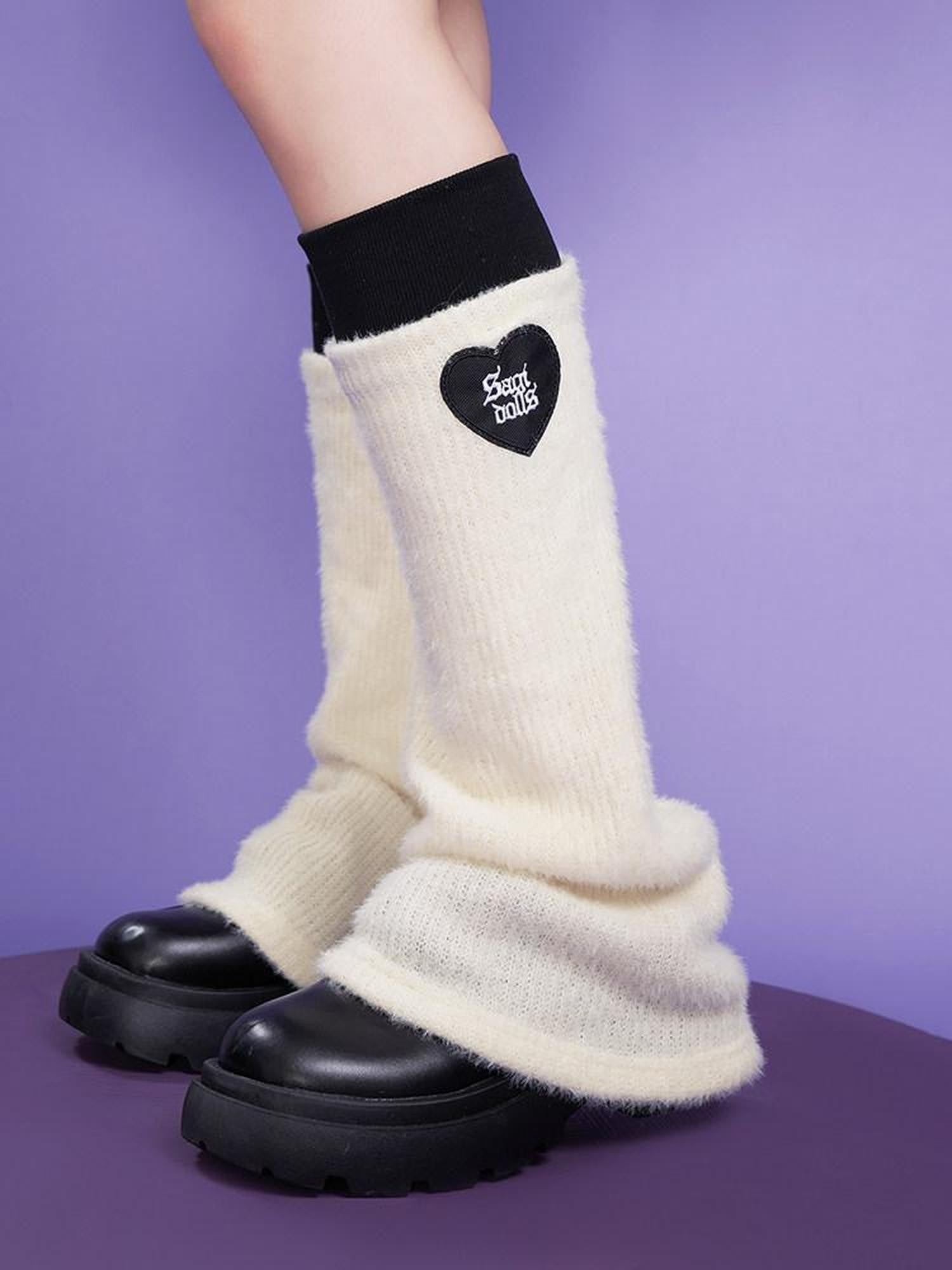SagiDolls Off White Fluffy Faux Two Piece Heart Women's Acrylic Leg Warmers