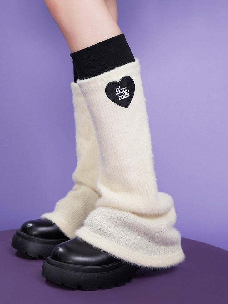 SagiDolls Off White Fluffy Faux Two Piece Heart Women's Acrylic Leg Warmers