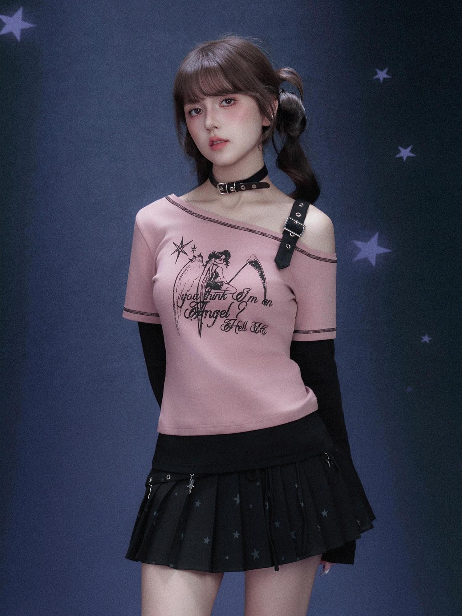 SagiDolls Pink Angel Print Layered Drop Shoulder Women's Long Sleeve T-shirts