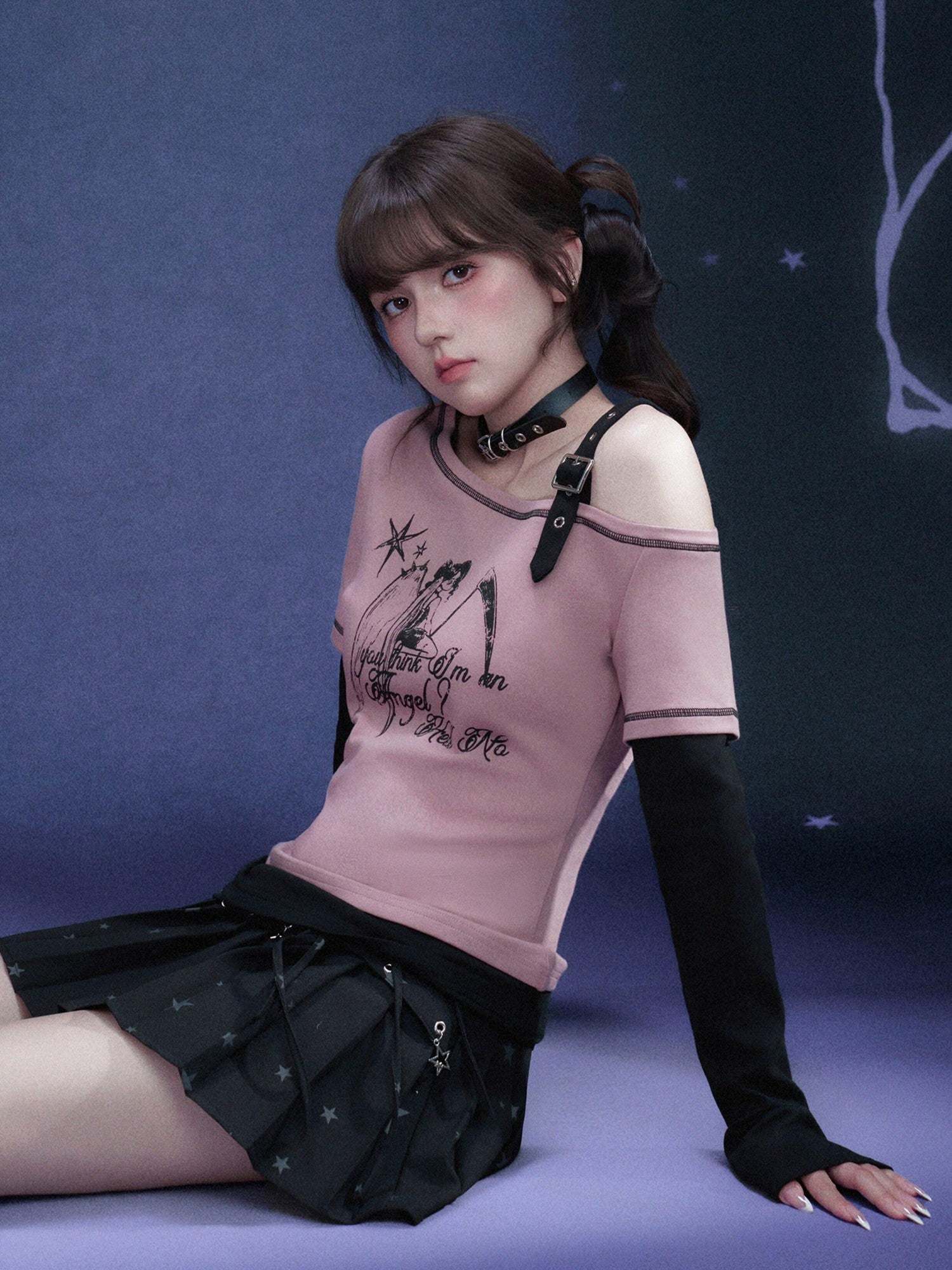 SagiDolls Pink Angel Print Layered Drop Shoulder Women's Long Sleeve T-shirts