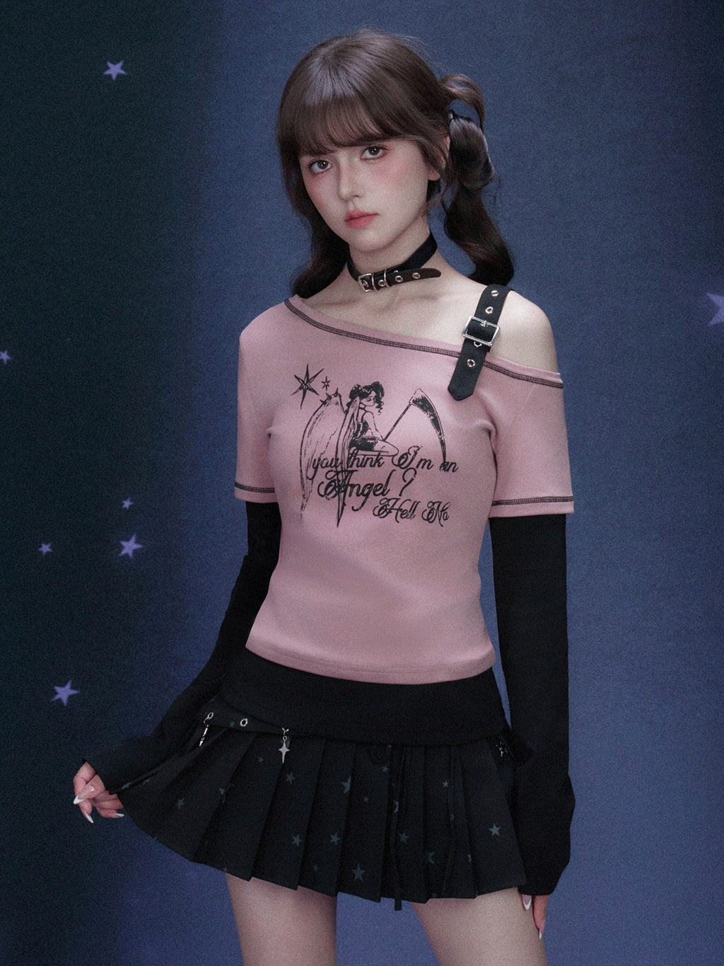 SagiDolls Pink Angel Print Layered Drop Shoulder Women's Long Sleeve T-shirts