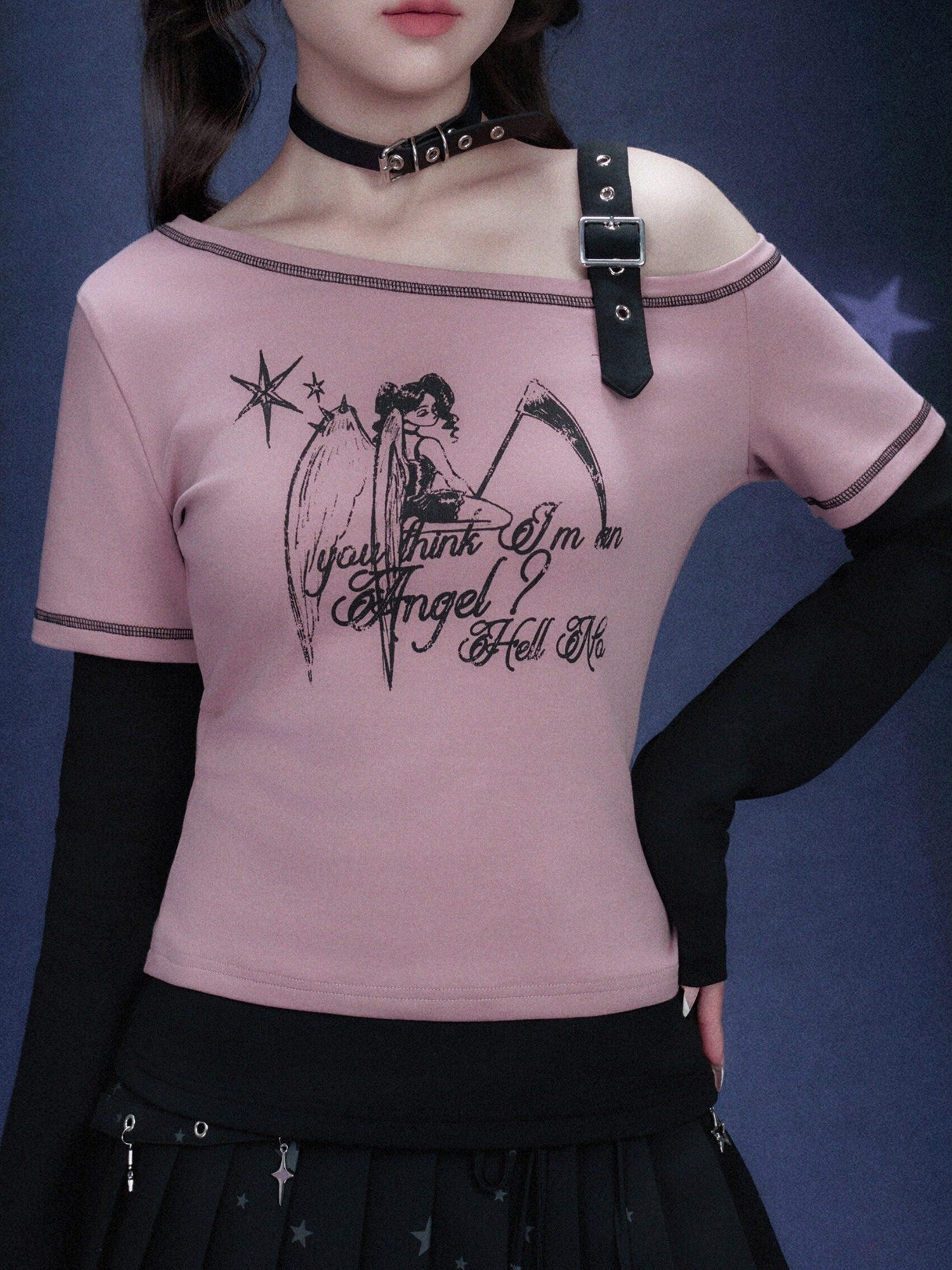 SagiDolls Pink Angel Print Layered Drop Shoulder Women's Long Sleeve T-shirts