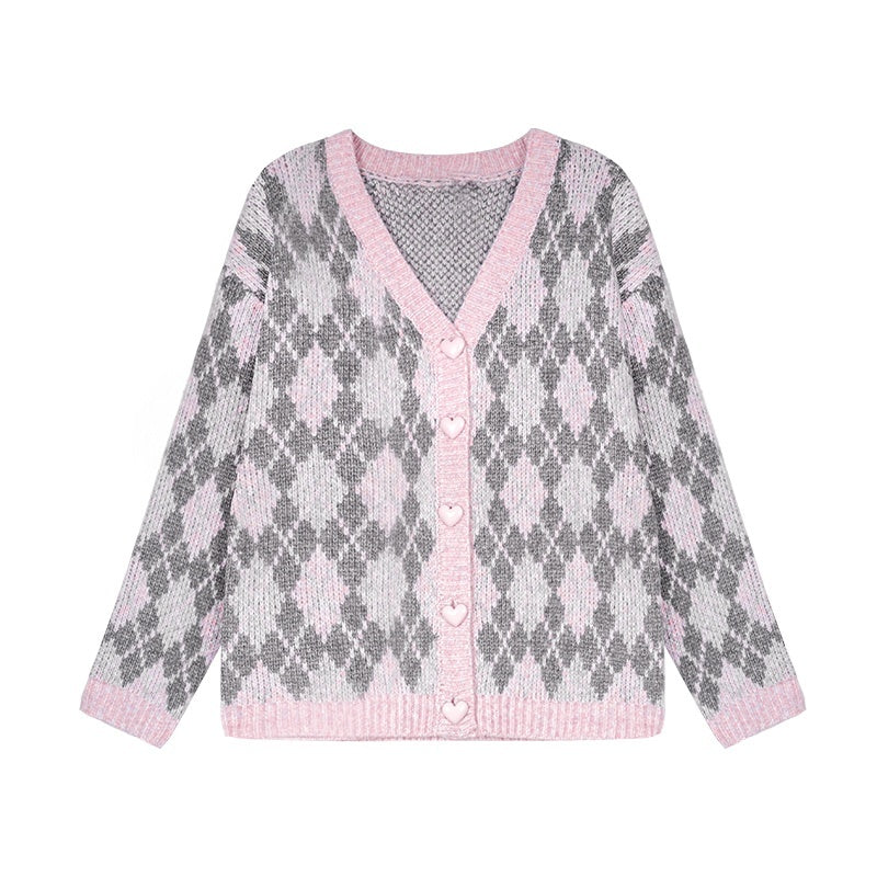SagiDolls_Pink_Argyle_Button_Down_Loose_V-neck_Long_Sleeve_Women's_Cardigans_1082017542946_MISSTT