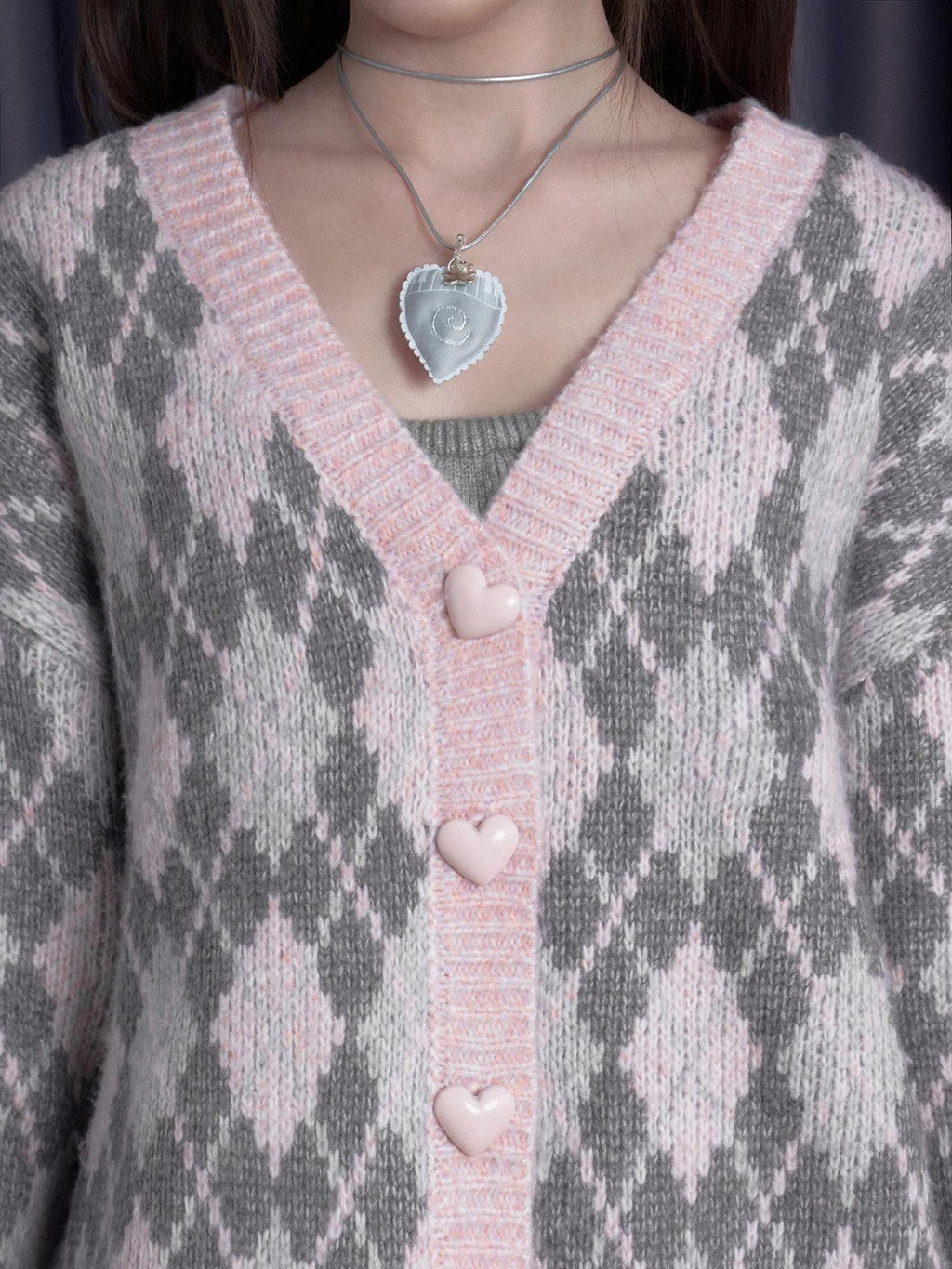 SagiDolls Pink Argyle Button Down Loose V-neck Long Sleeve Women's Cardigans