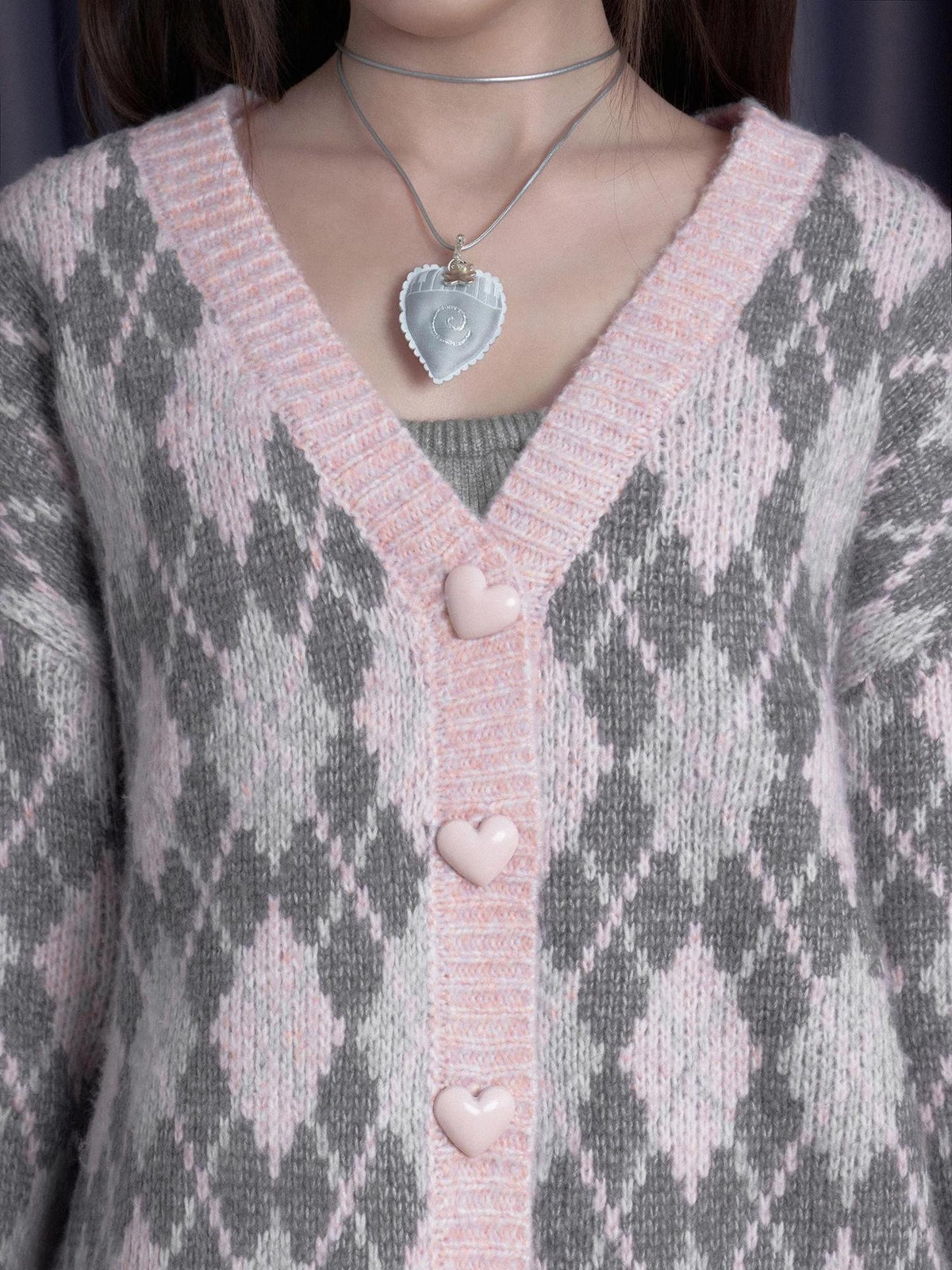 SagiDolls Pink Argyle Button Down Loose V-neck Long Sleeve Women's Cardigans