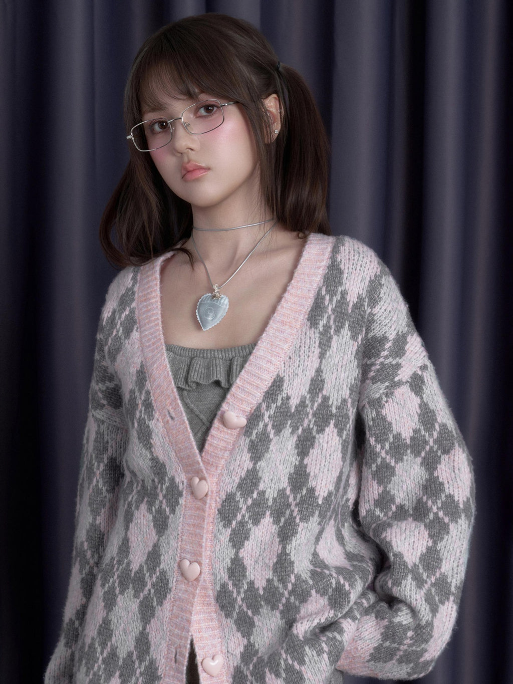 SagiDolls Pink Argyle Button Down Loose V-neck Long Sleeve Women's Cardigans