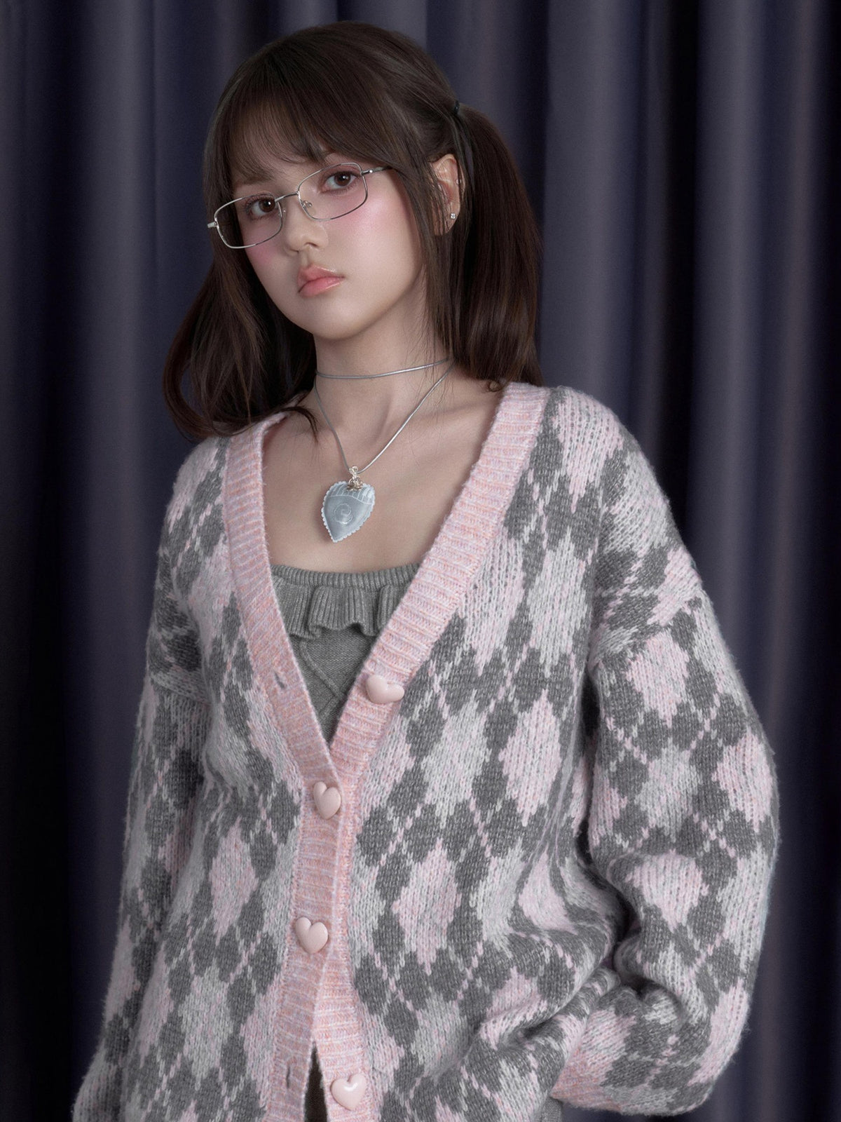 SagiDolls Pink Argyle Button Down Loose V-neck Long Sleeve Women's Cardigans