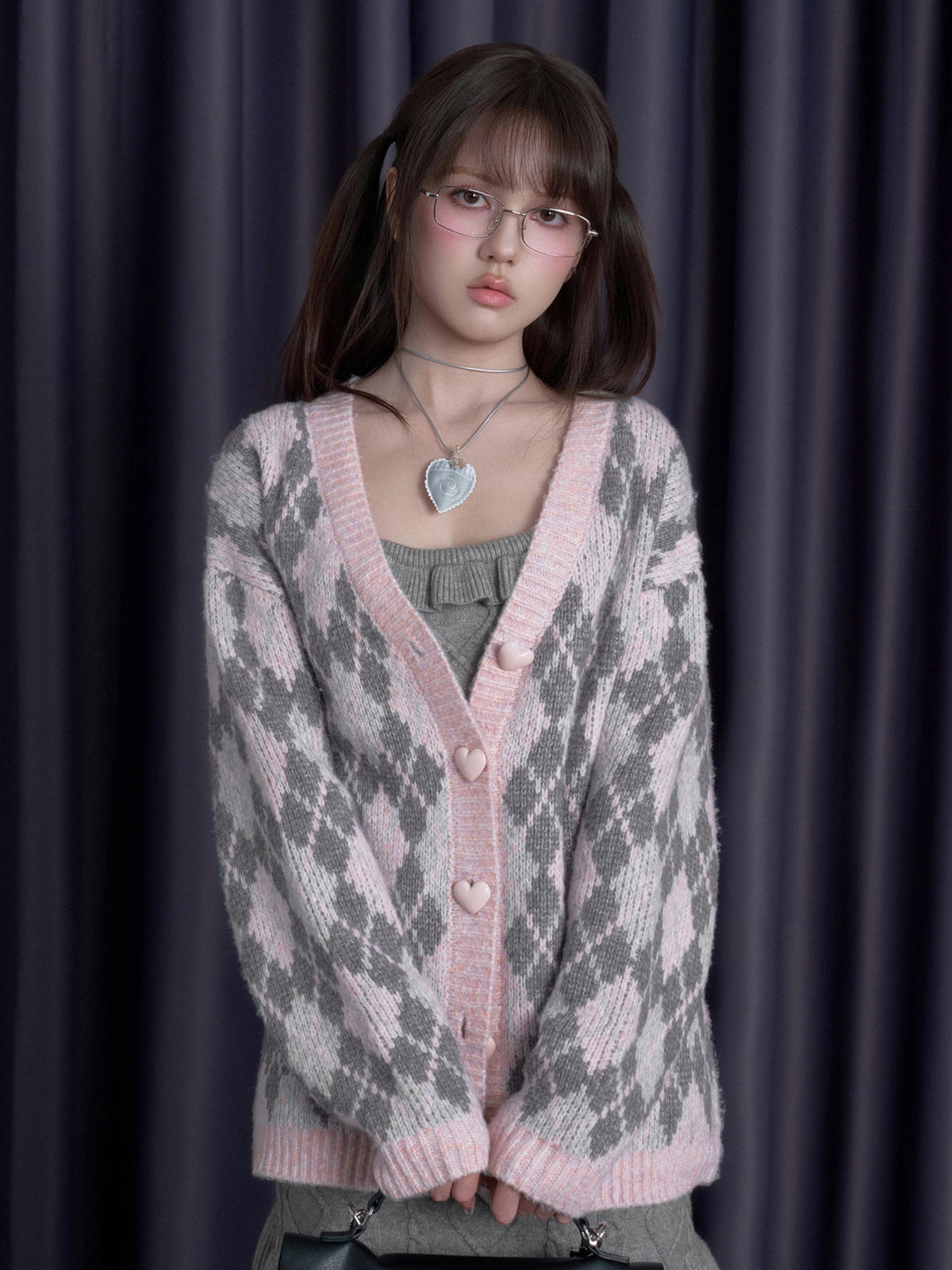 SagiDolls Pink Argyle Button Down Loose V-neck Long Sleeve Women's Cardigans