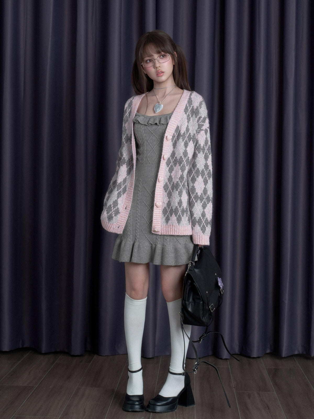 SagiDolls Pink Argyle Button Down Loose V-neck Long Sleeve Women's Cardigans