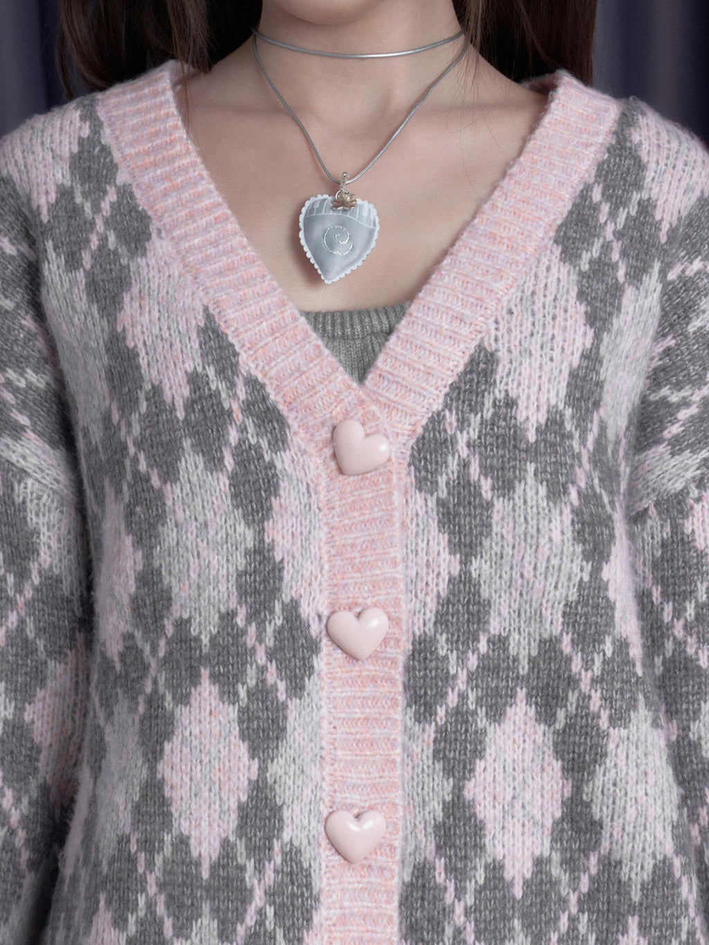 SagiDolls Pink Argyle Button Down Loose V-neck Long Sleeve Women's Cardigans
