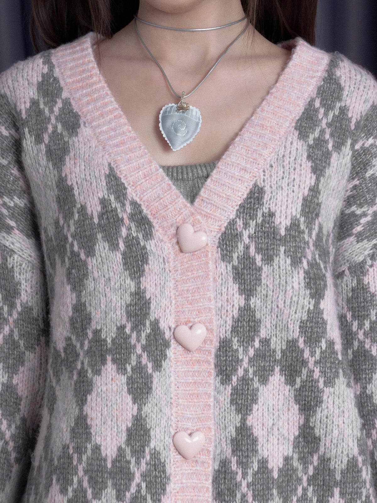 SagiDolls Pink Argyle Button Down Loose V-neck Long Sleeve Women's Cardigans