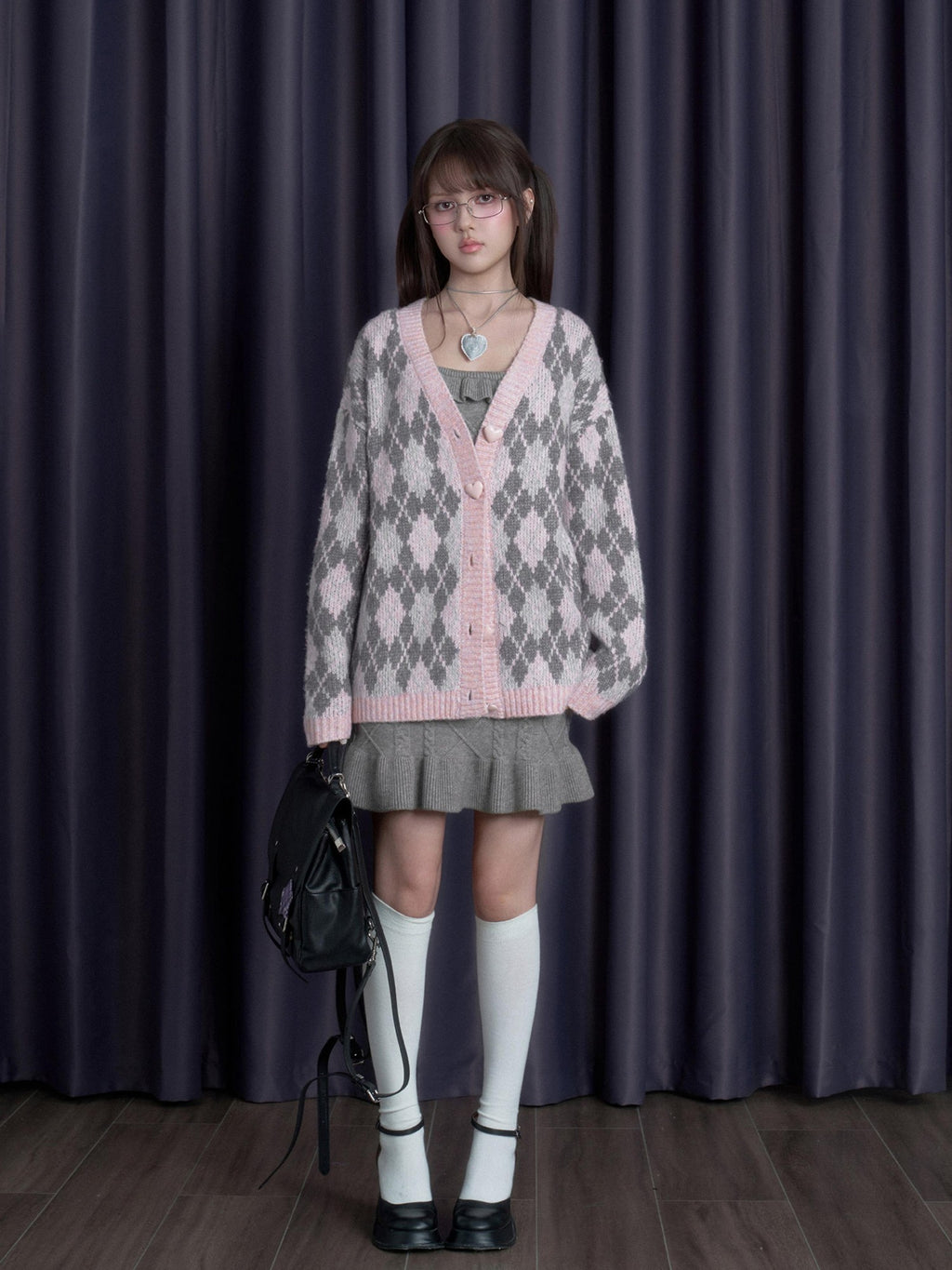 SagiDolls Pink Argyle Button Down Loose V-neck Long Sleeve Women's Cardigans