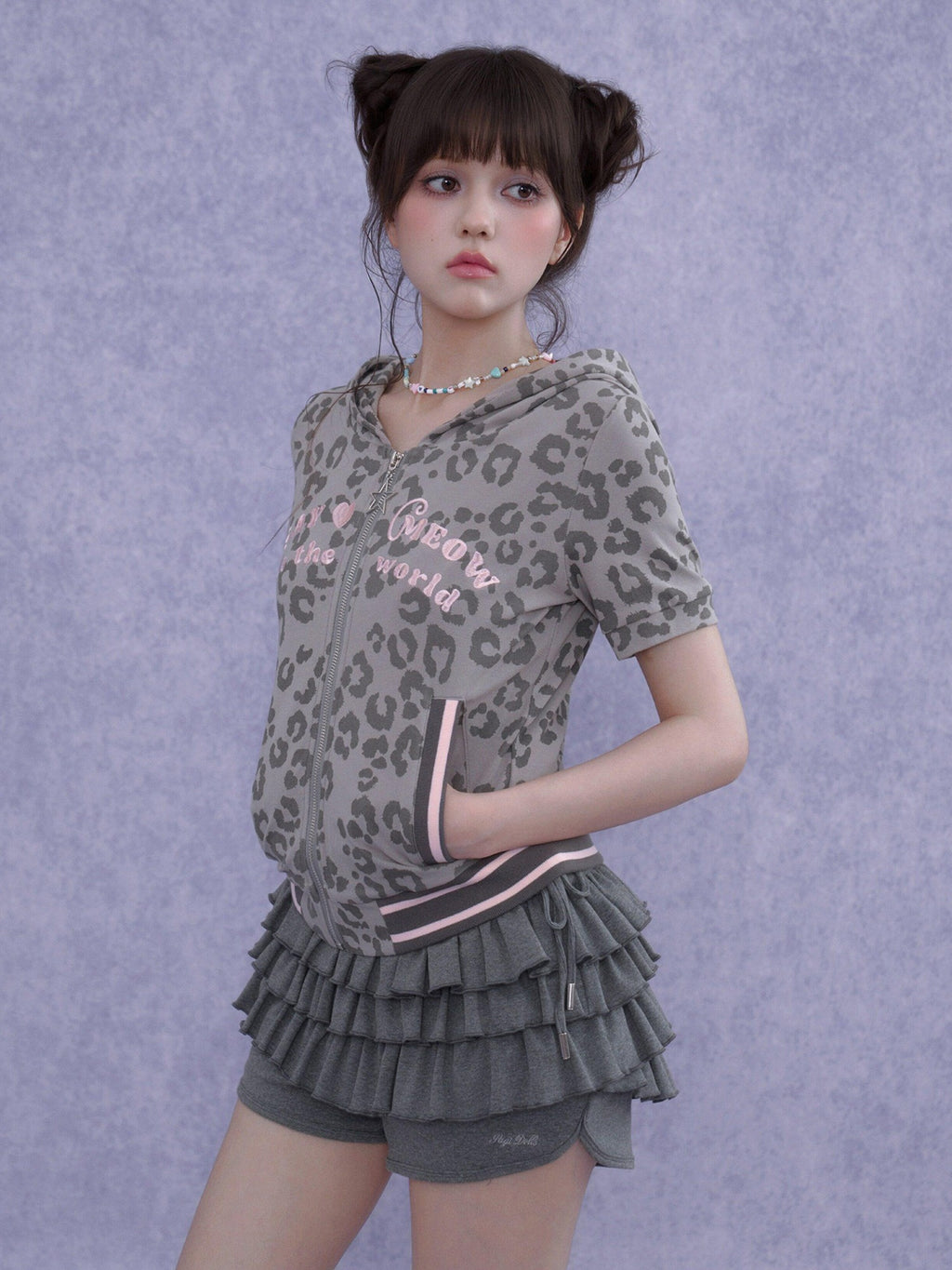 SagiDolls Pink Embroidered Leopard Hooded Zip Cropped Women's Short Sleeve T-shirts