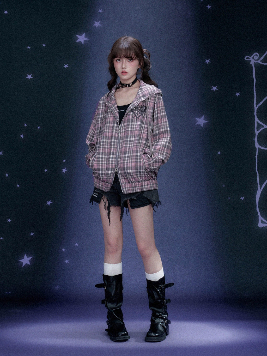 SagiDolls Pink Plaid Hooded Loose Zip Elastic Hem Women's Polyester Shirt Jackets