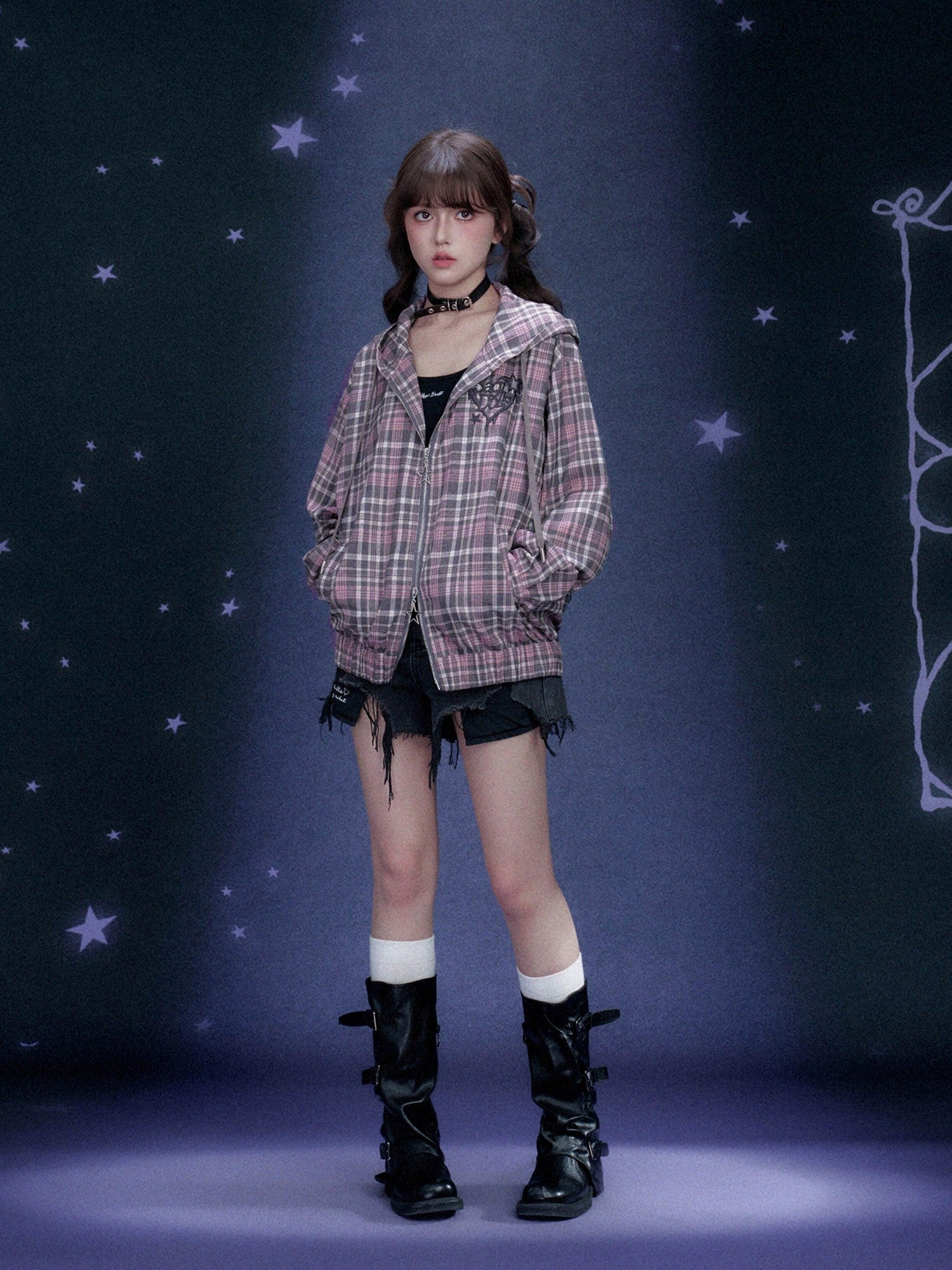 SagiDolls Pink Plaid Hooded Loose Zip Elastic Hem Women's Polyester Shirt Jackets