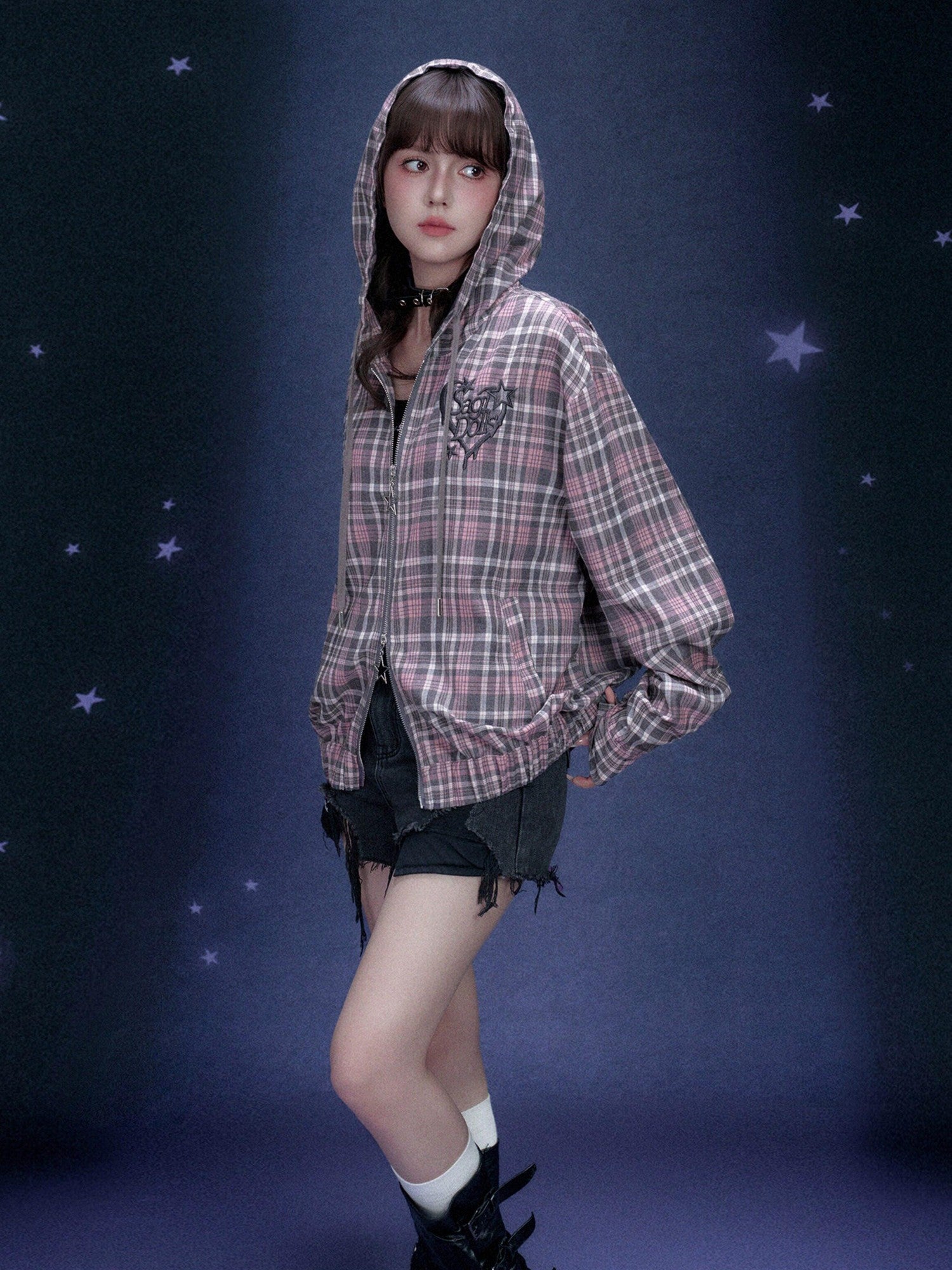 SagiDolls Pink Plaid Hooded Loose Zip Elastic Hem Women's Polyester Shirt Jackets