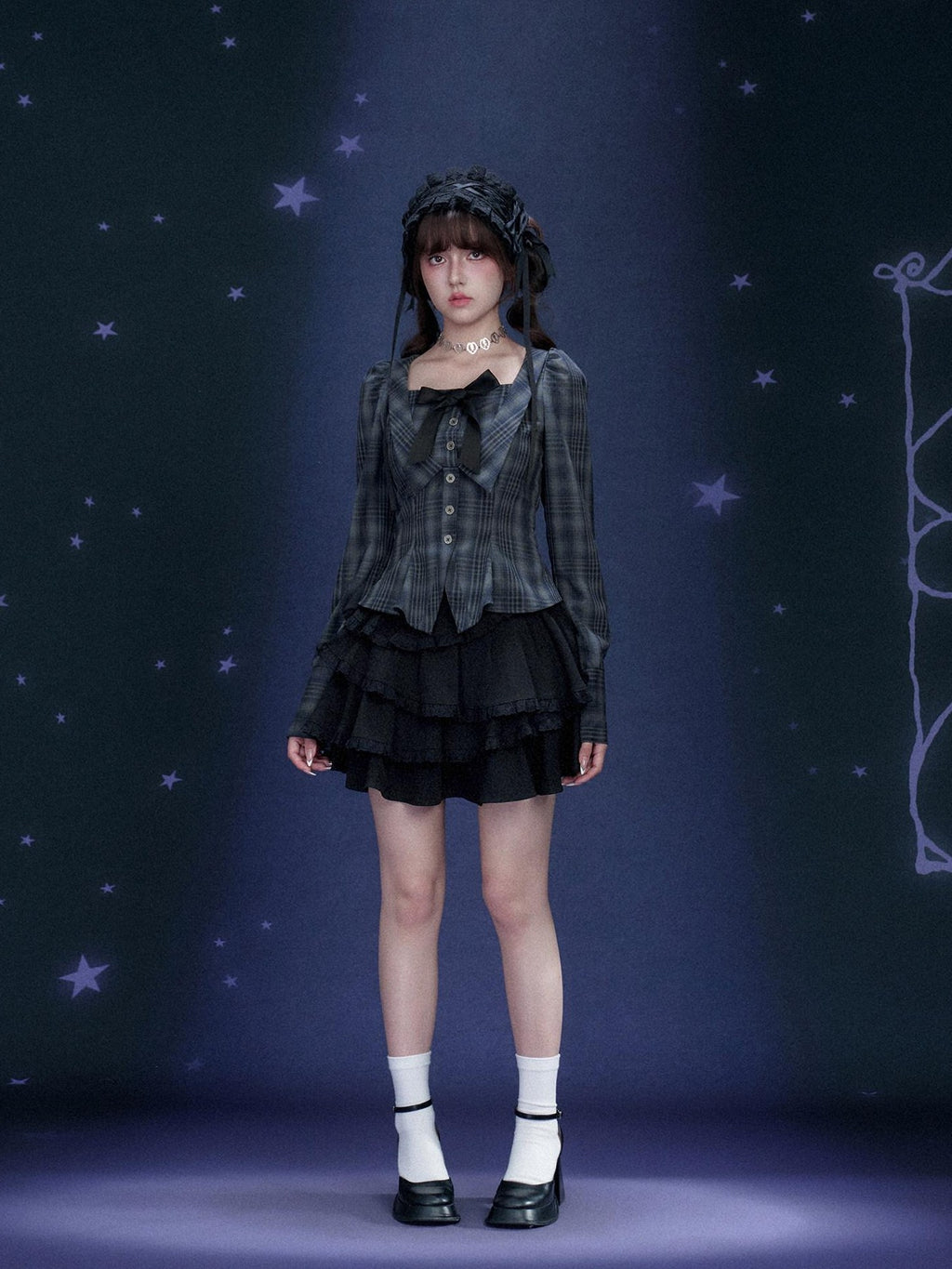 SagiDolls Plaid Bow Slim Fit Long Sleeve Vintage Court Women's Polyester Cropped Shirts