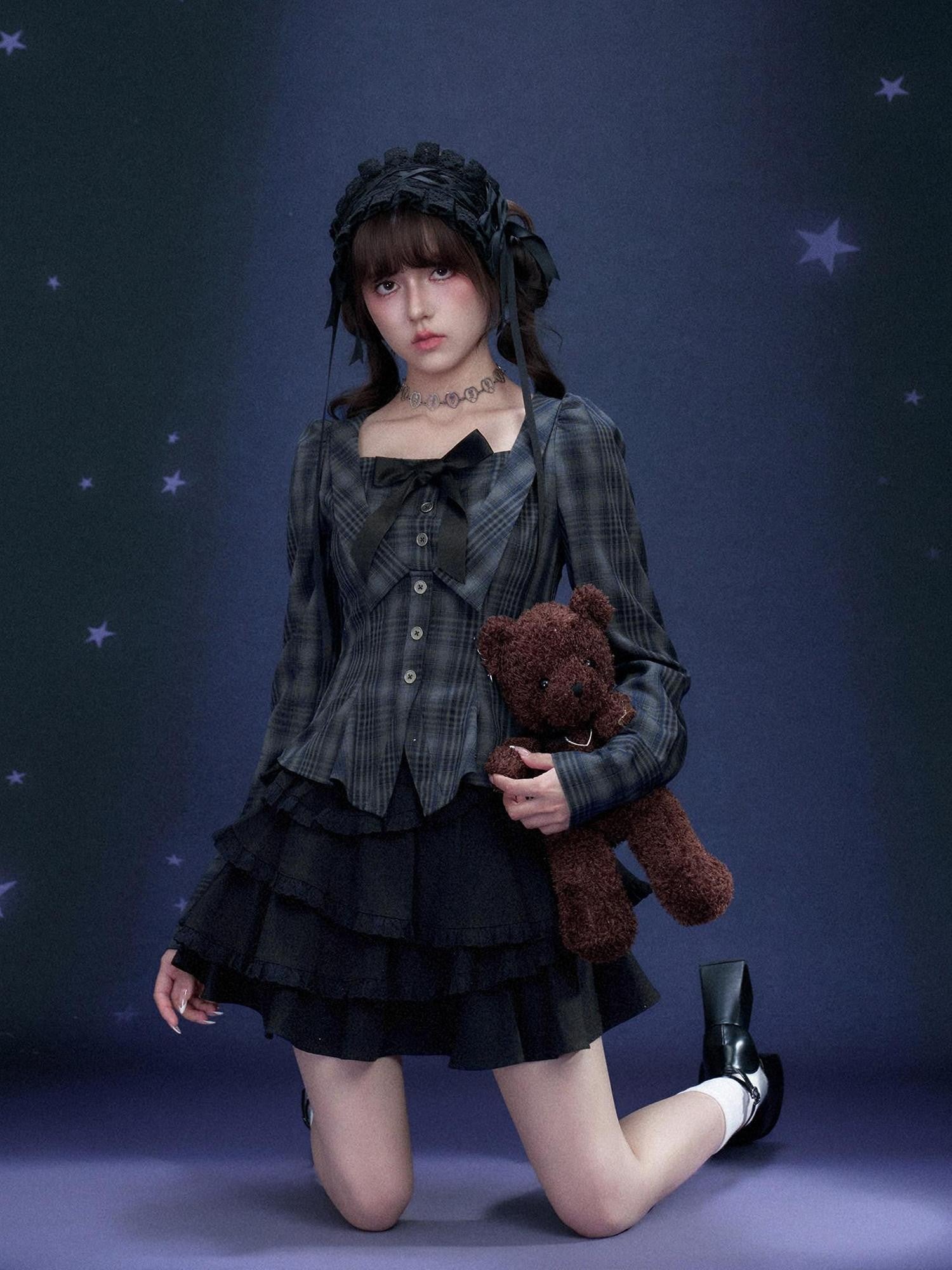 SagiDolls Plaid Bow Slim Fit Long Sleeve Vintage Court Women's Polyester Cropped Shirts