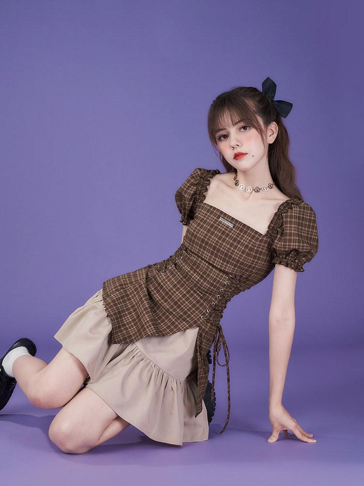 SagiDolls Plaid Bubble Sleeve Square Neck High Waist Women's Casual Mini Dresses