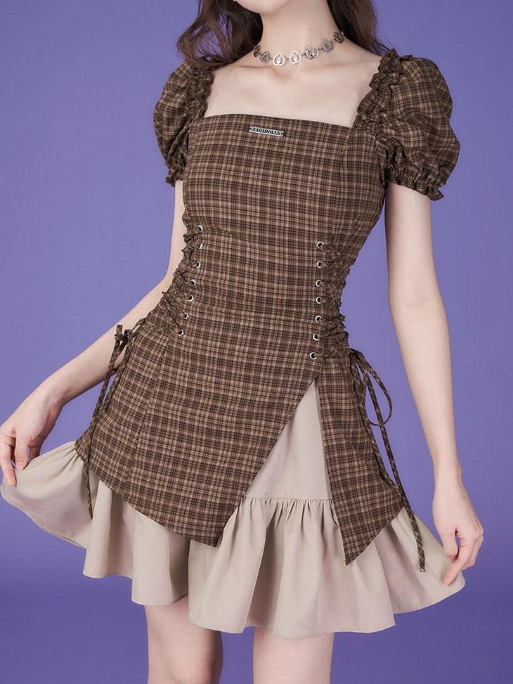 SagiDolls Plaid Bubble Sleeve Square Neck High Waist Women's Casual Mini Dresses