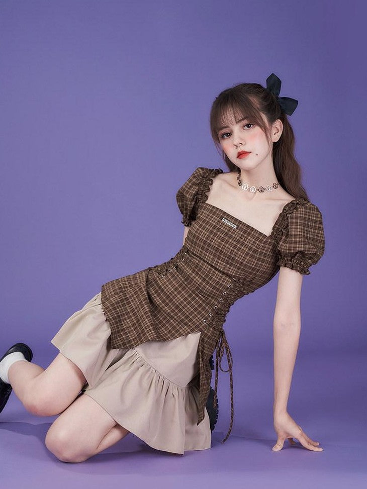 SagiDolls Plaid Bubble Sleeve Square Neck High Waist Women's Casual Mini Dresses