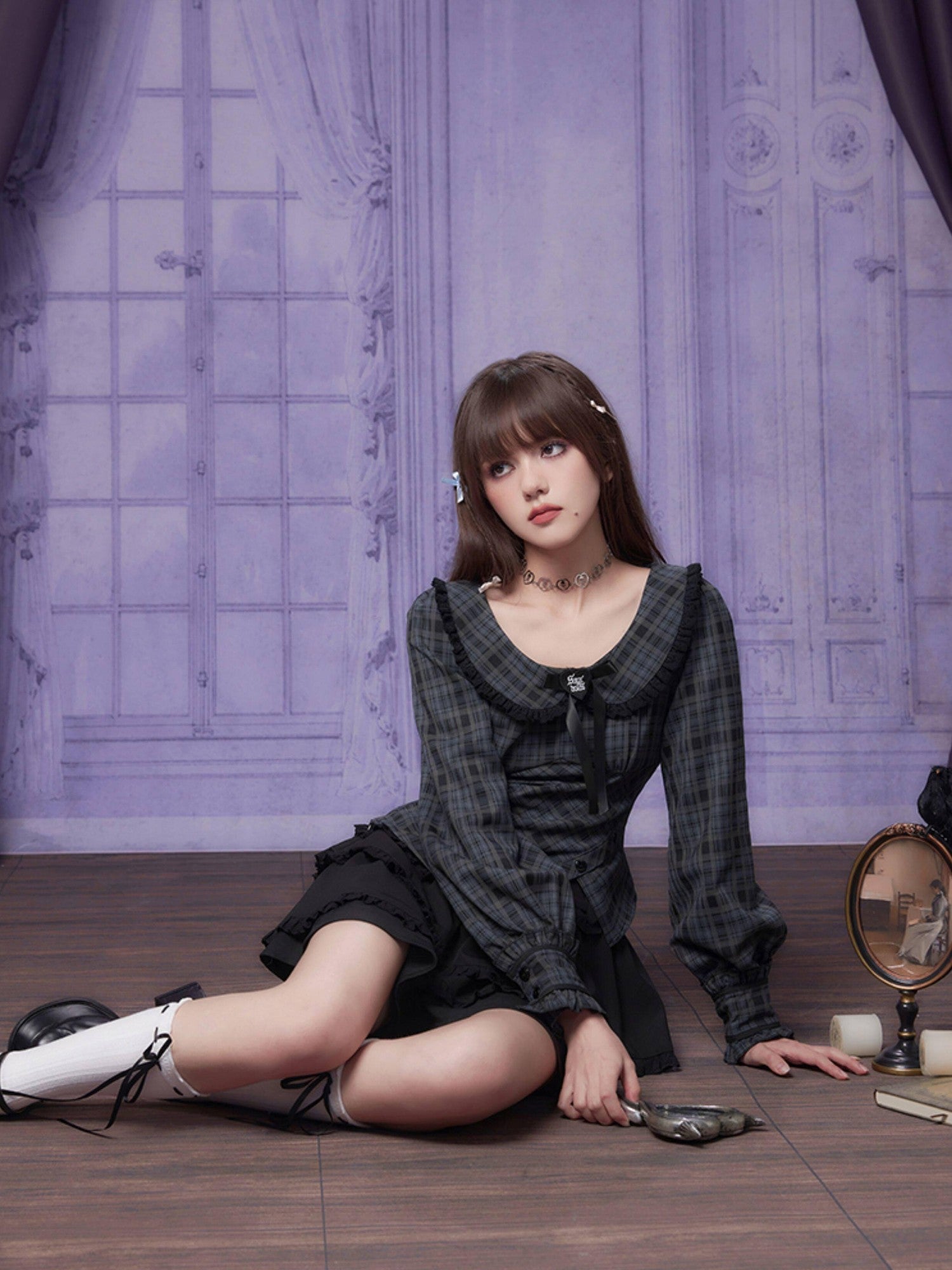 SagiDolls Plaid Doll Collar Asymmetric Ruffle Women's Polyester Long Sleeve T-shirts