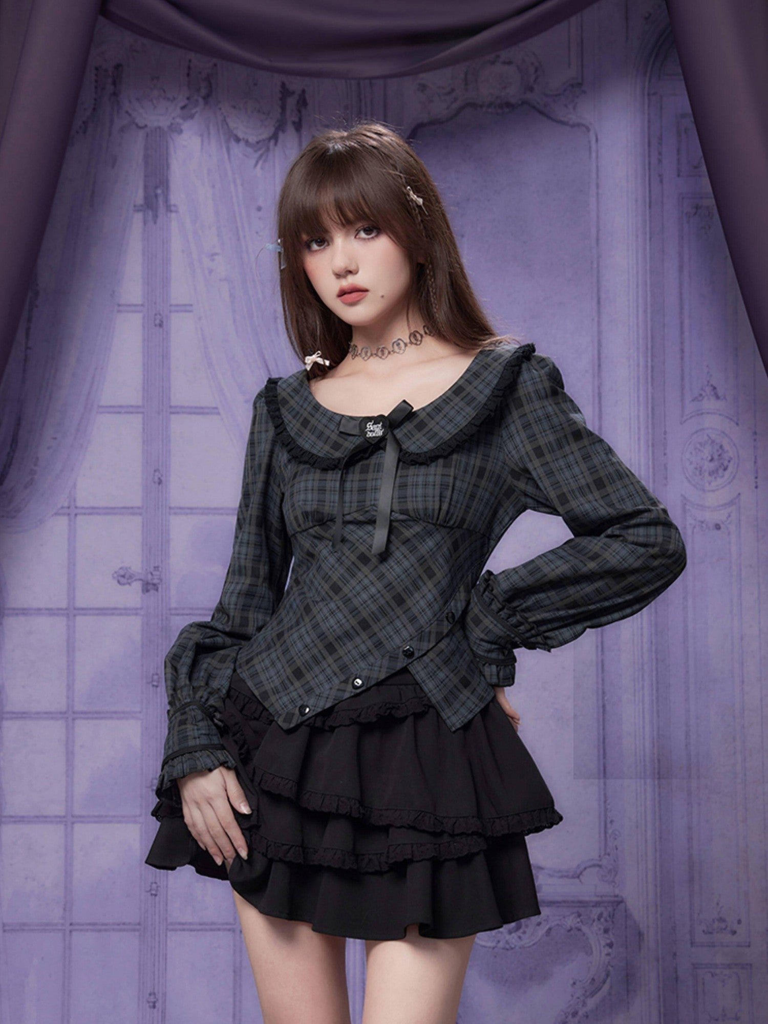 SagiDolls Plaid Doll Collar Asymmetric Ruffle Women's Polyester Long Sleeve T-shirts