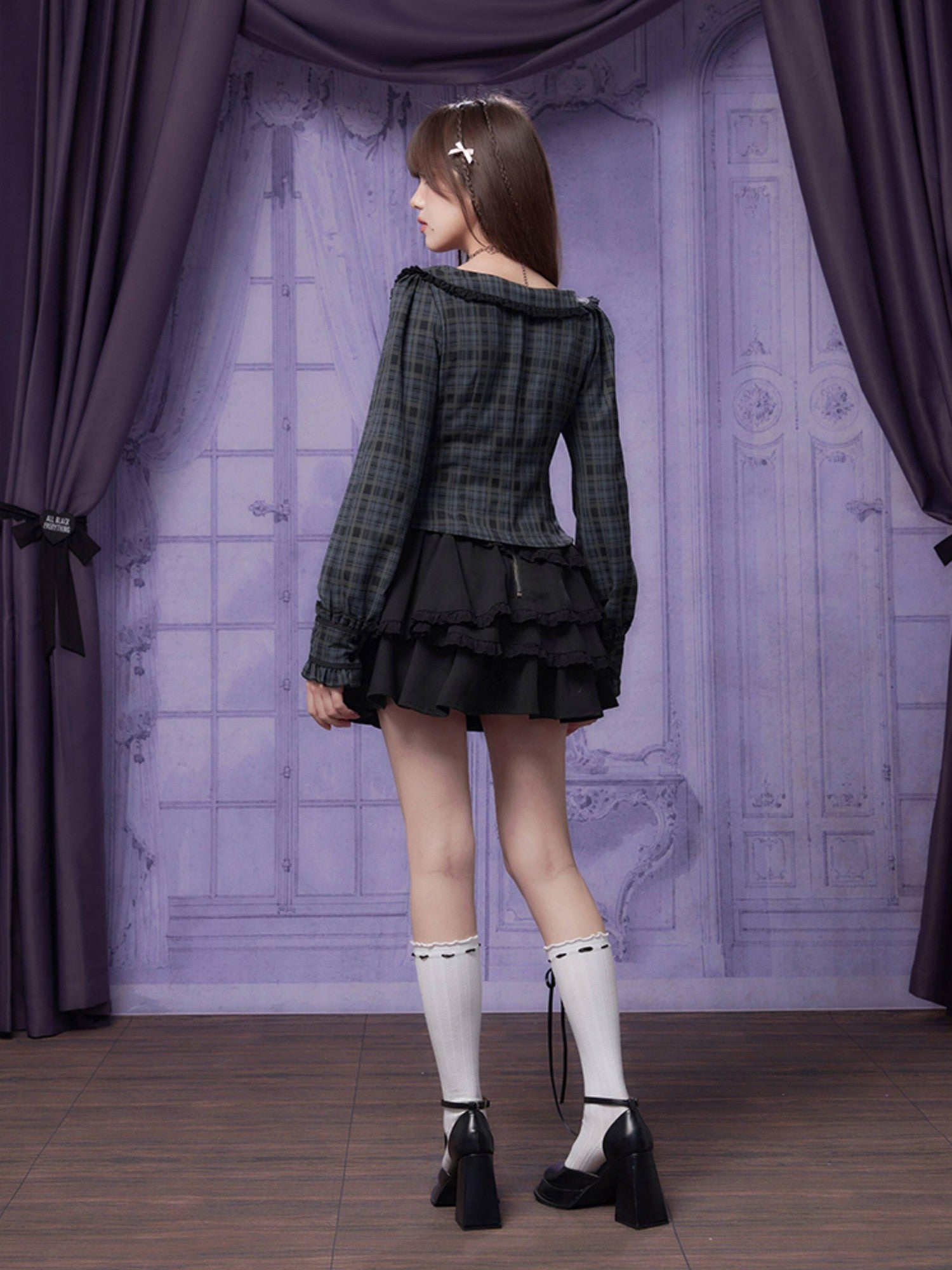 SagiDolls Plaid Doll Collar Asymmetric Ruffle Women's Polyester Long Sleeve T-shirts