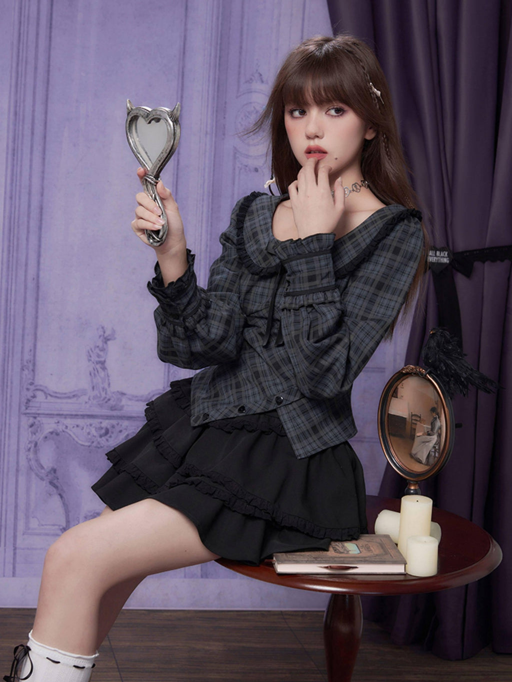 SagiDolls Plaid Doll Collar Asymmetric Ruffle Women's Polyester Long Sleeve T-shirts