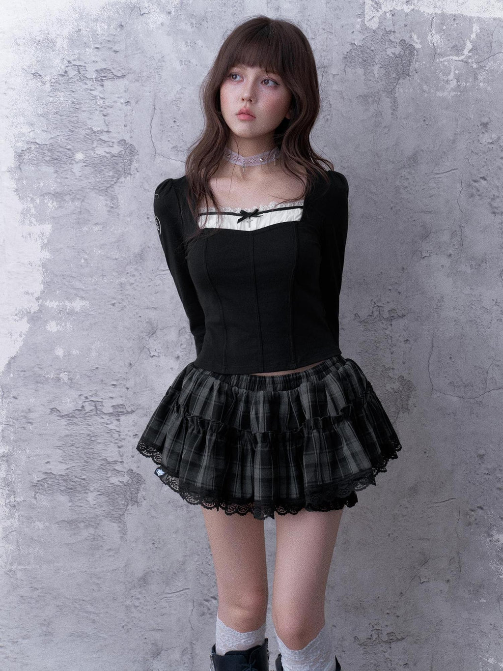 SagiDolls Plaid Layered Lace Low Rise Puffy Women's Polyester Mini Skirts