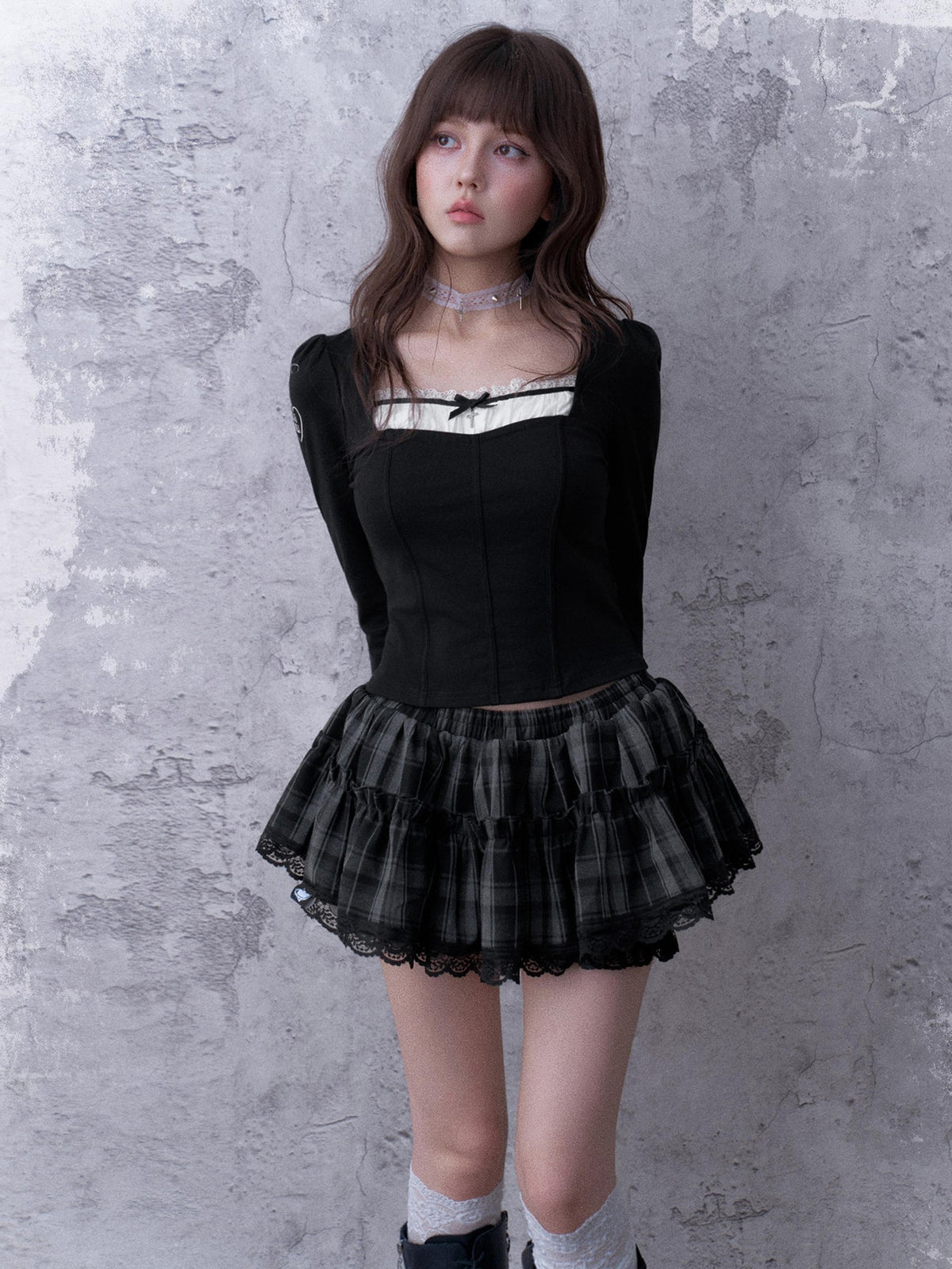 SagiDolls Plaid Layered Lace Low Rise Puffy Women's Polyester Mini Skirts