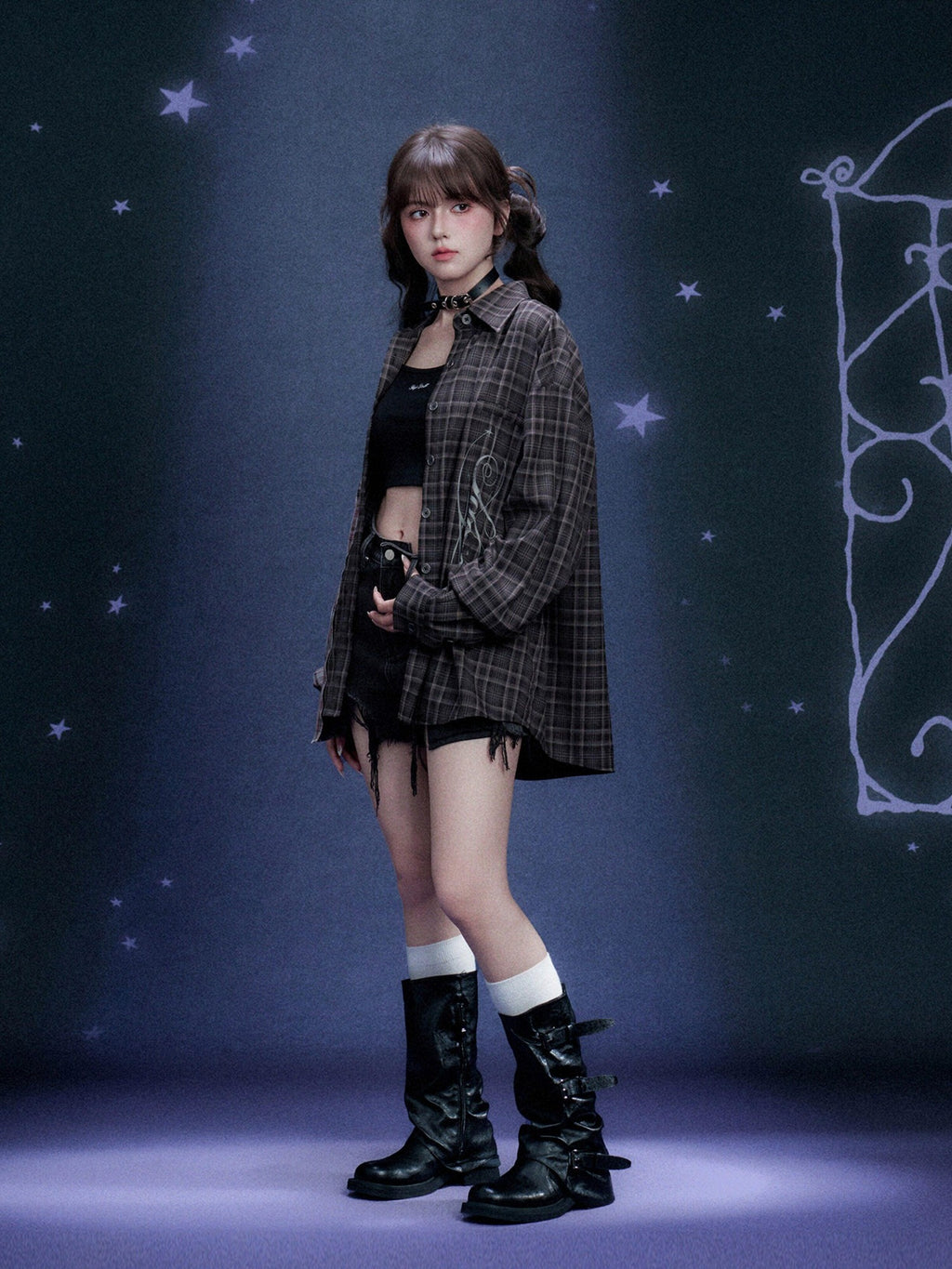 SagiDolls Plaid Lettered Asymmetrical Patchwork Oversized Women's Polyester Shirt Jackets