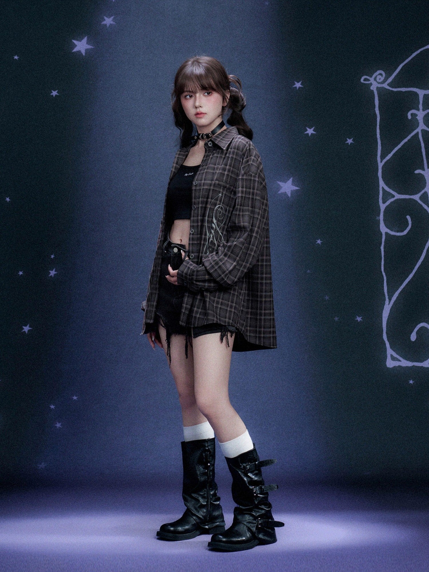 SagiDolls Plaid Lettered Asymmetrical Patchwork Oversized Women's Polyester Shirt Jackets