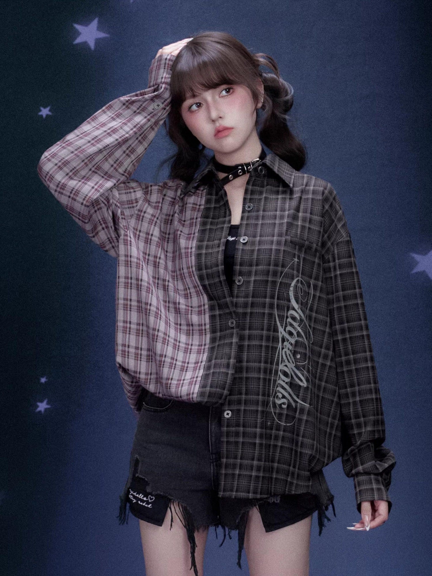 SagiDolls Plaid Lettered Asymmetrical Patchwork Oversized Women's Polyester Shirt Jackets