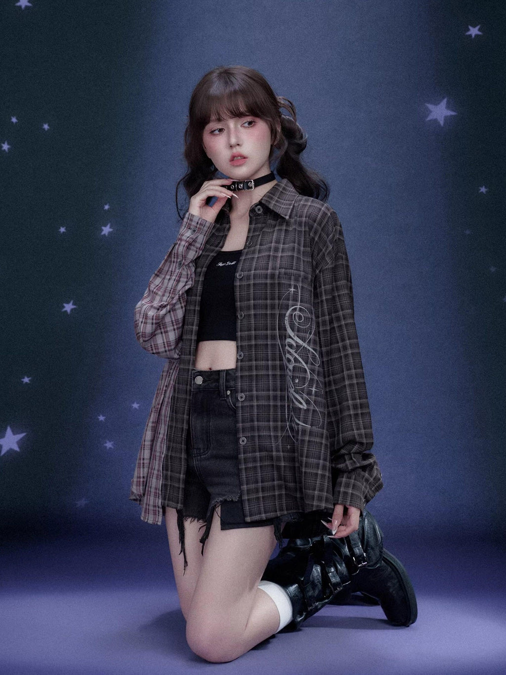 SagiDolls Plaid Lettered Asymmetrical Patchwork Oversized Women's Polyester Shirt Jackets