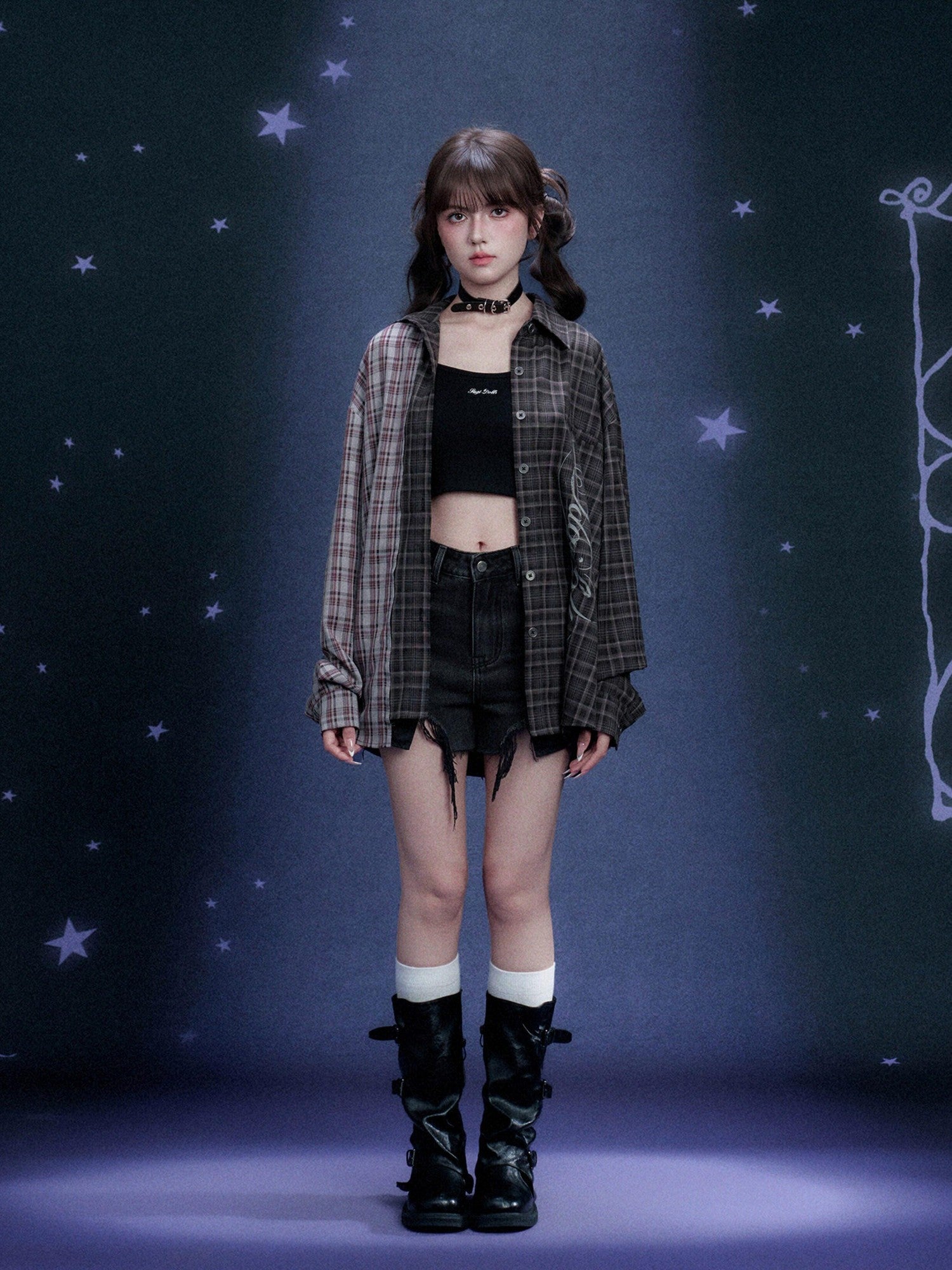 SagiDolls Plaid Lettered Asymmetrical Patchwork Oversized Women's Polyester Shirt Jackets