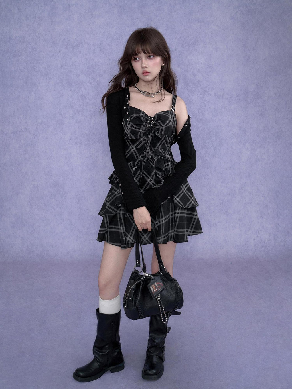 SagiDolls Plaid Padded Bust Metal Strap Women's Polyester Corset Mini Dresses