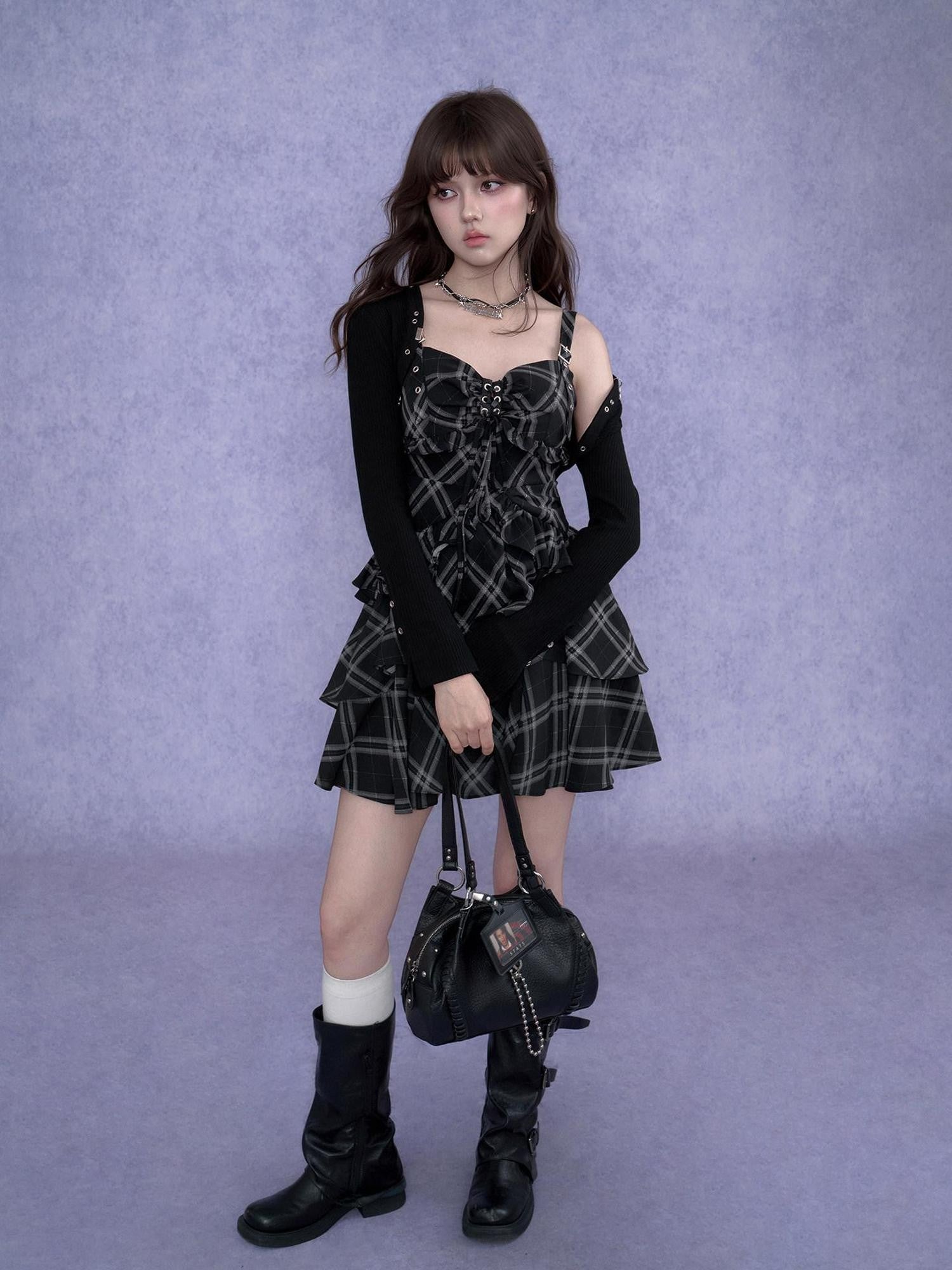 SagiDolls Plaid Padded Bust Metal Strap Women's Polyester Corset Mini Dresses