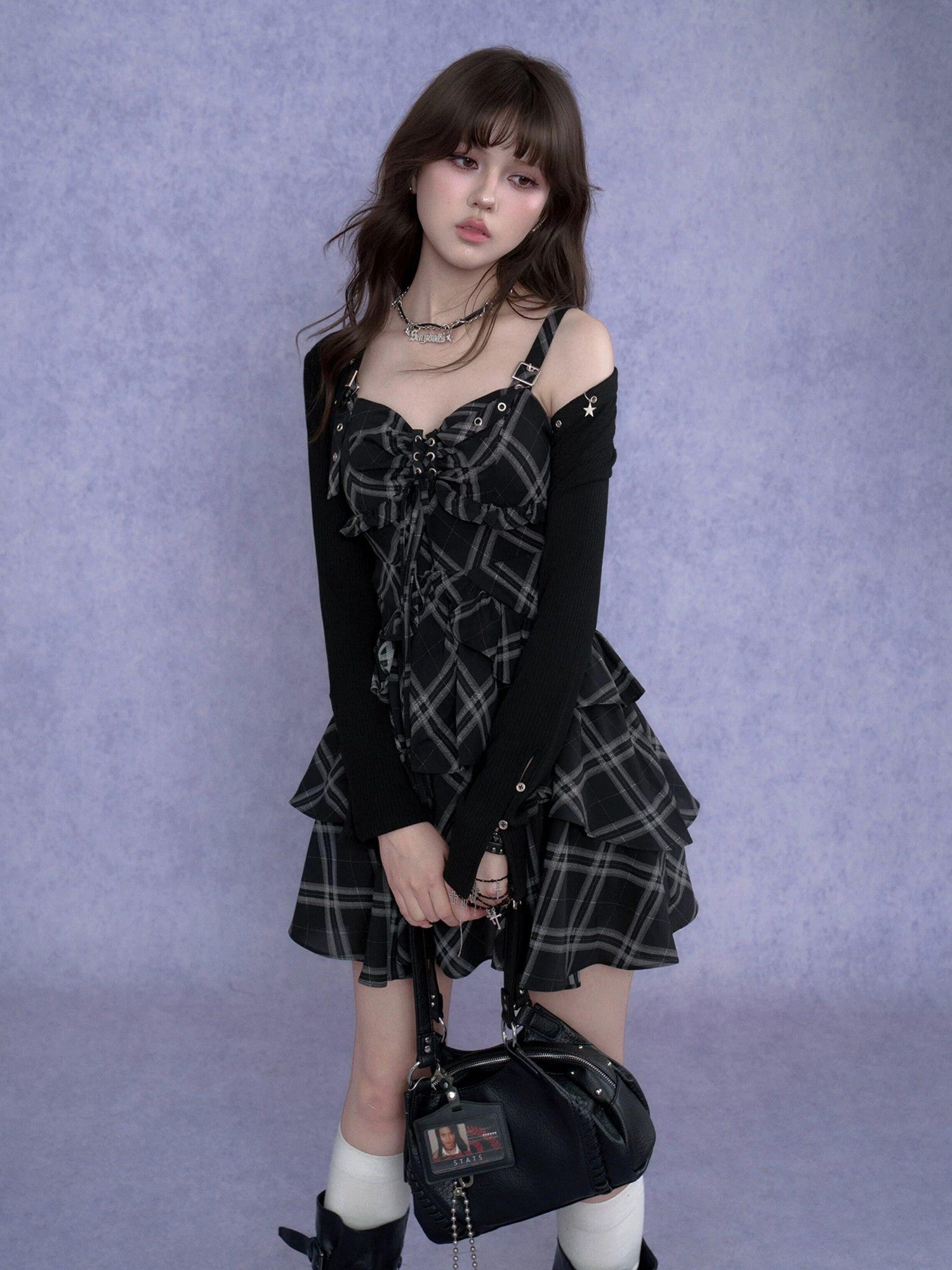 SagiDolls Plaid Padded Bust Metal Strap Women's Polyester Corset Mini Dresses