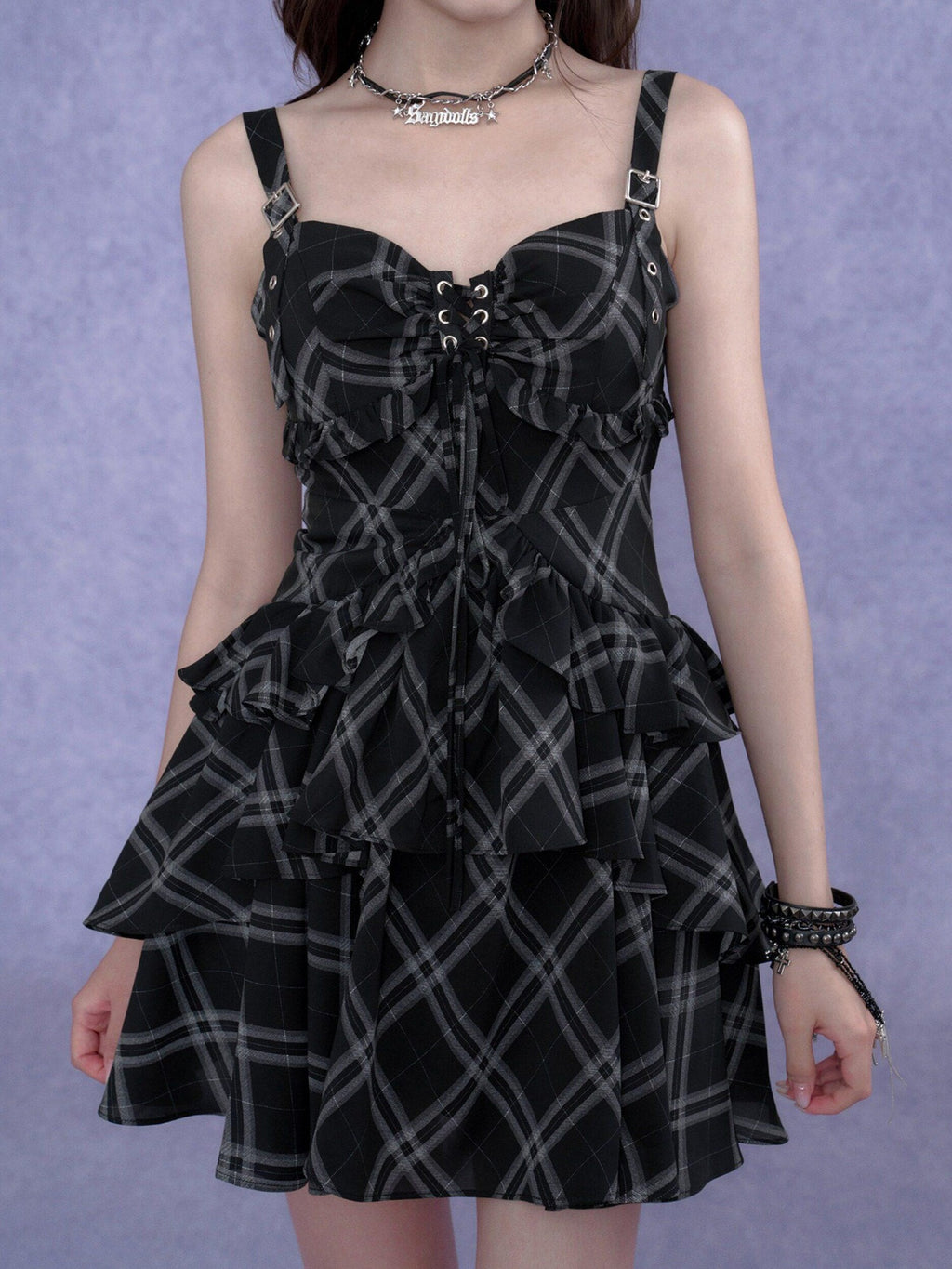 SagiDolls Plaid Padded Bust Metal Strap Women's Polyester Corset Mini Dresses