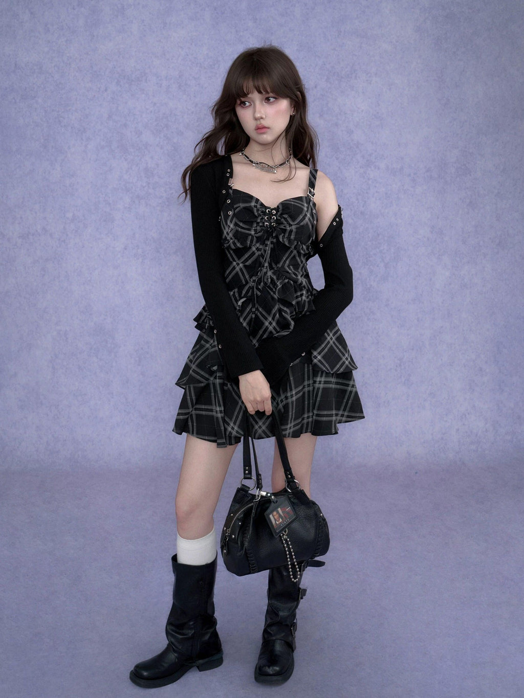 SagiDolls Plaid Padded Bust Metal Strap Women's Polyester Corset Mini Dresses