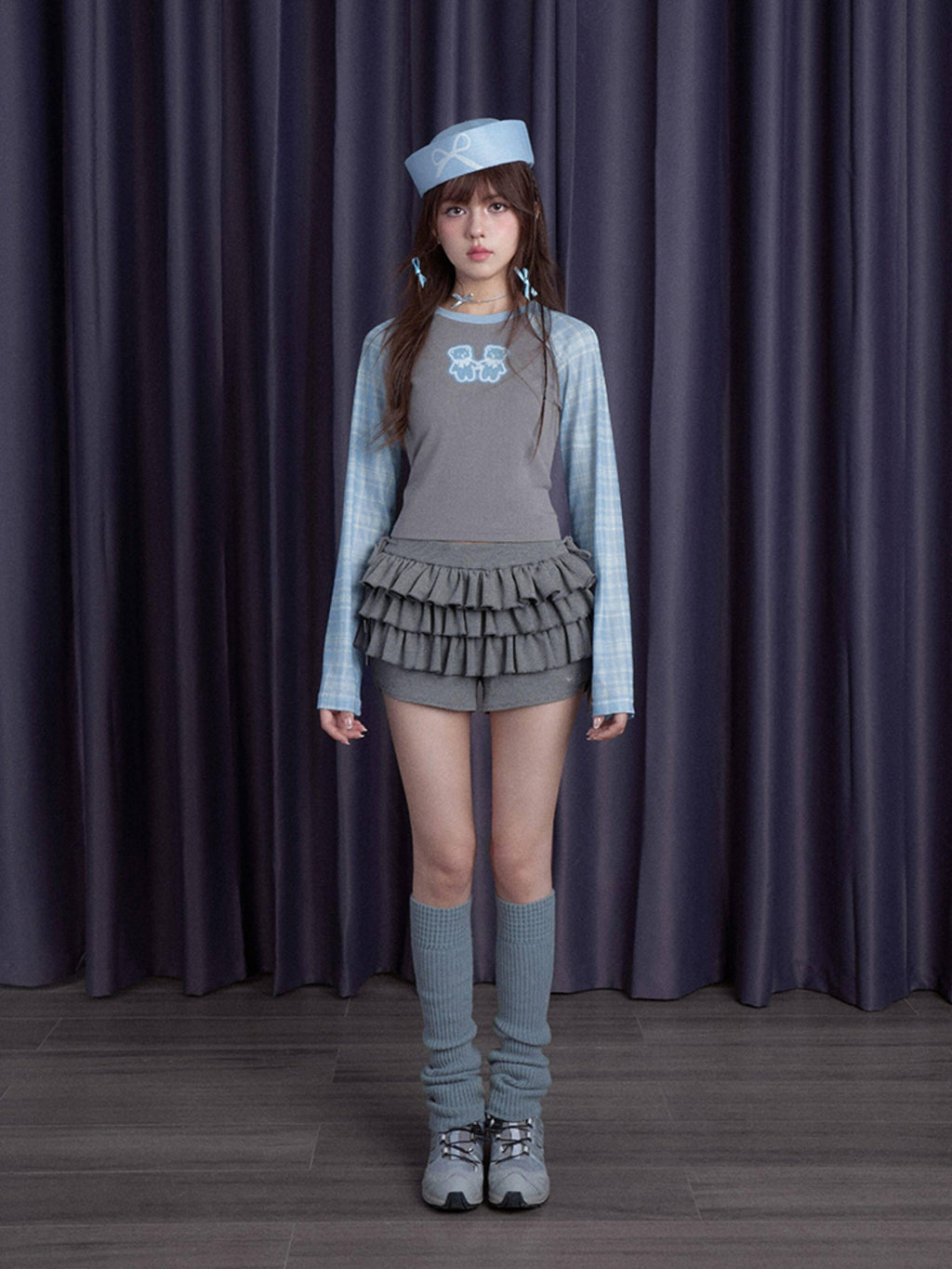 SagiDolls Plaid Patchwork Bear Print Women's Mesh Sleeves Long Sleeve T-shirts