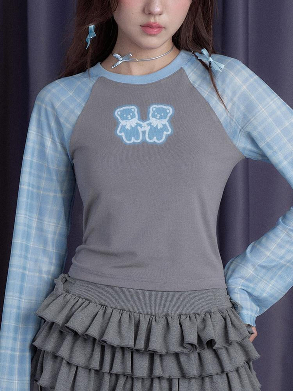 SagiDolls Plaid Patchwork Bear Print Women's Mesh Sleeves Long Sleeve T-shirts