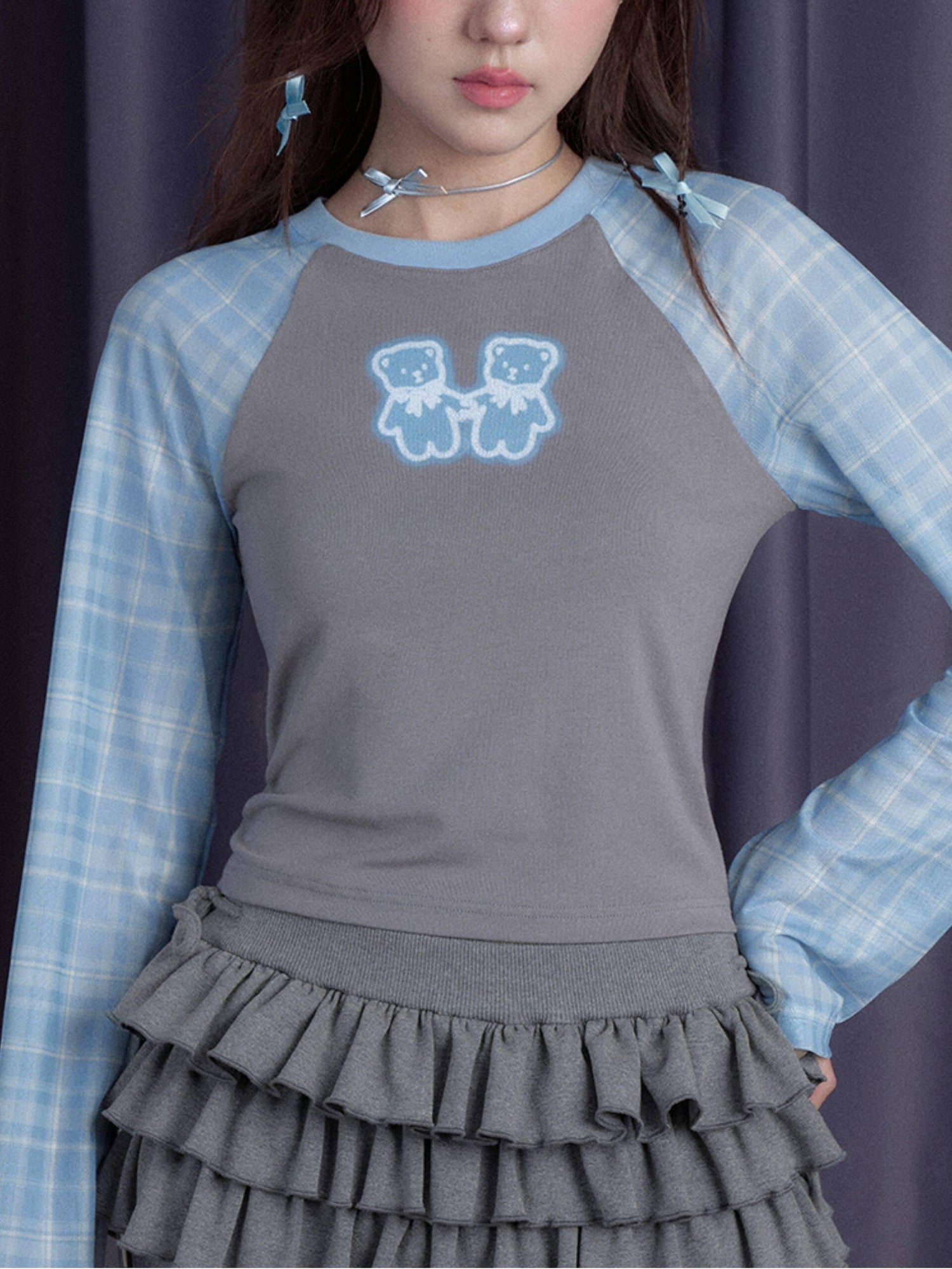 SagiDolls Plaid Patchwork Bear Print Women's Mesh Sleeves Long Sleeve T-shirts