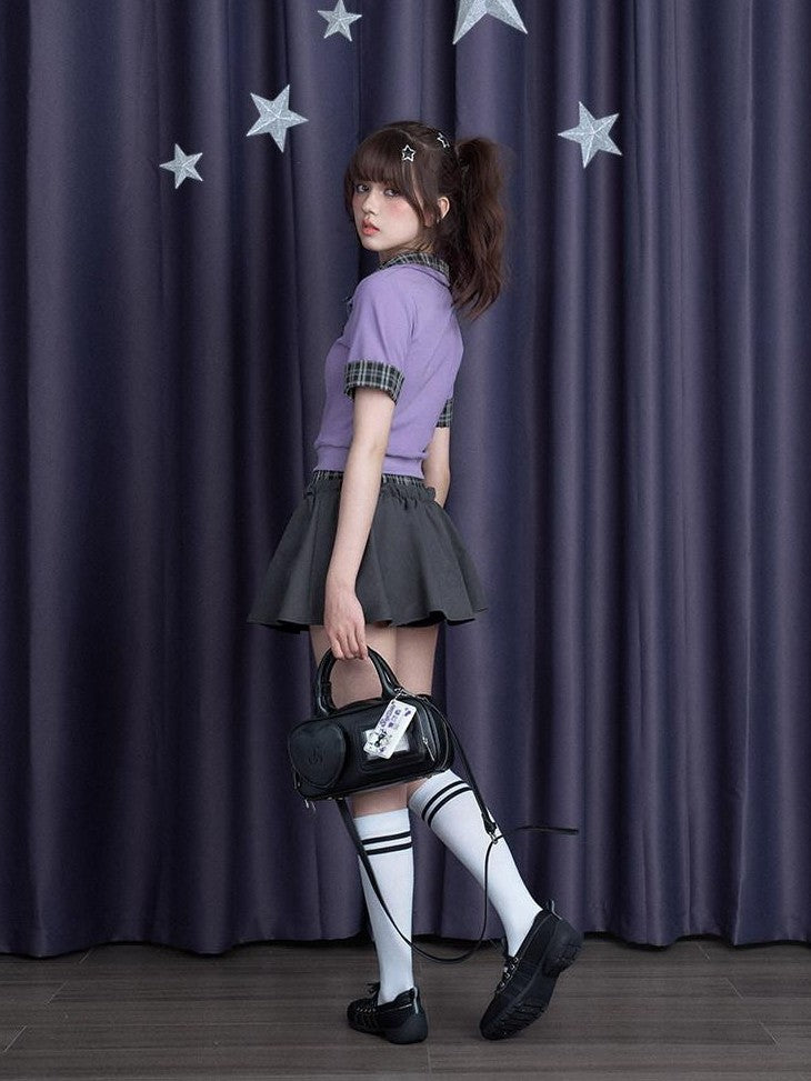 SagiDolls Plaid Patchwork Double Waist Drawstring Women's Polyester Skorts