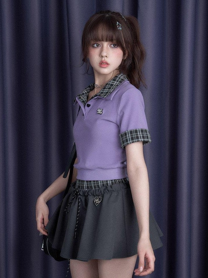 SagiDolls Plaid Patchwork Double Waist Drawstring Women's Polyester Skorts
