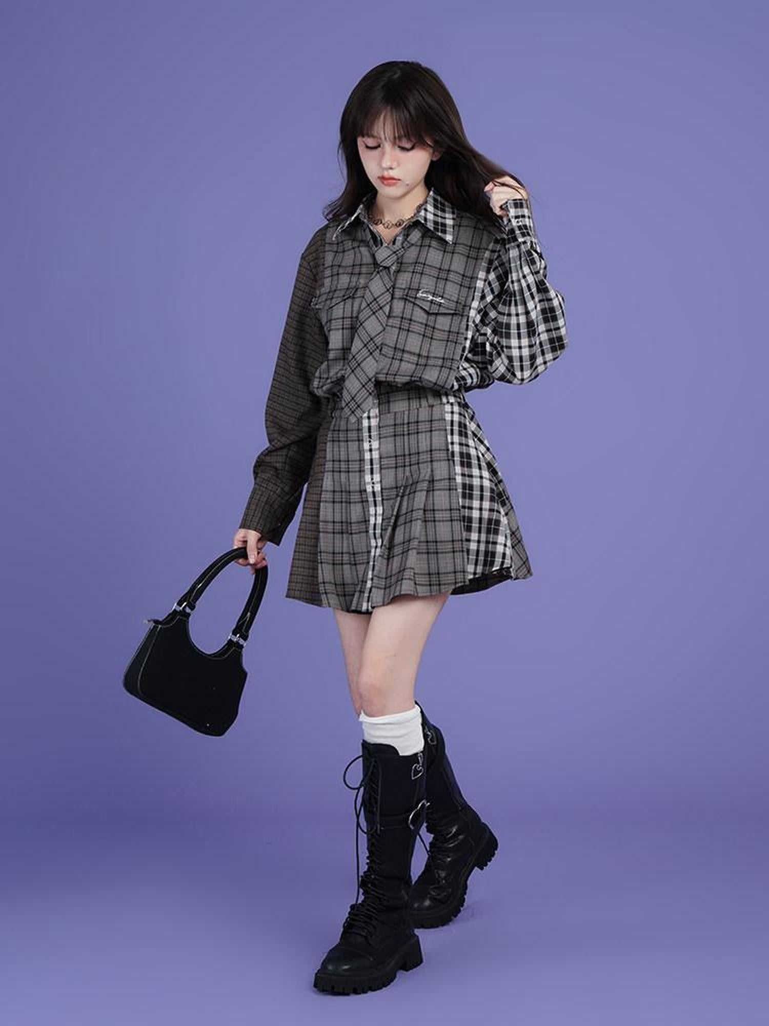 SagiDolls Plaid Patchwork Layered Aline Shirt Women's Polyester Casual Mini Dresses